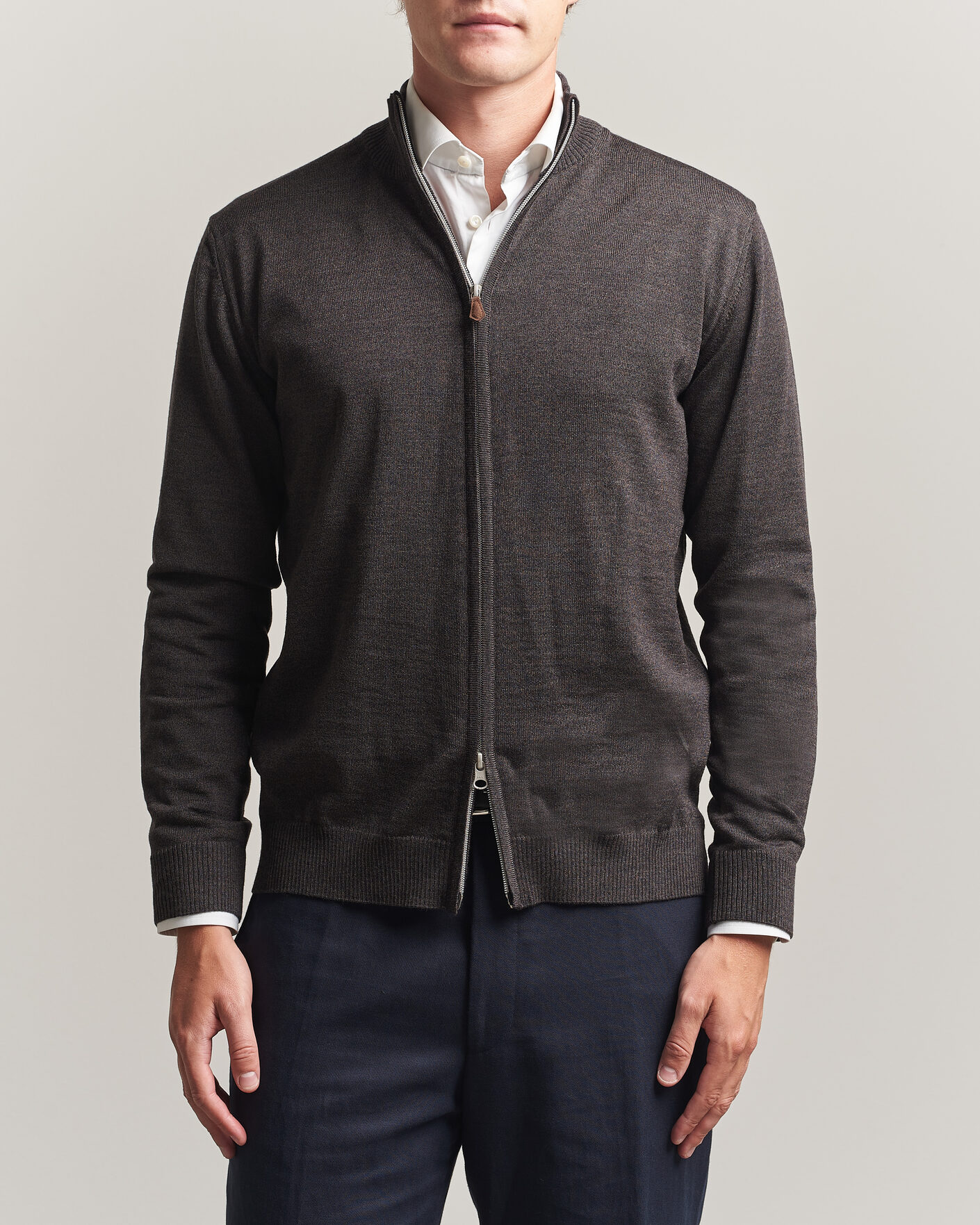 Heren | Truien | Stenströms | Merino Full Zip Dark Brown