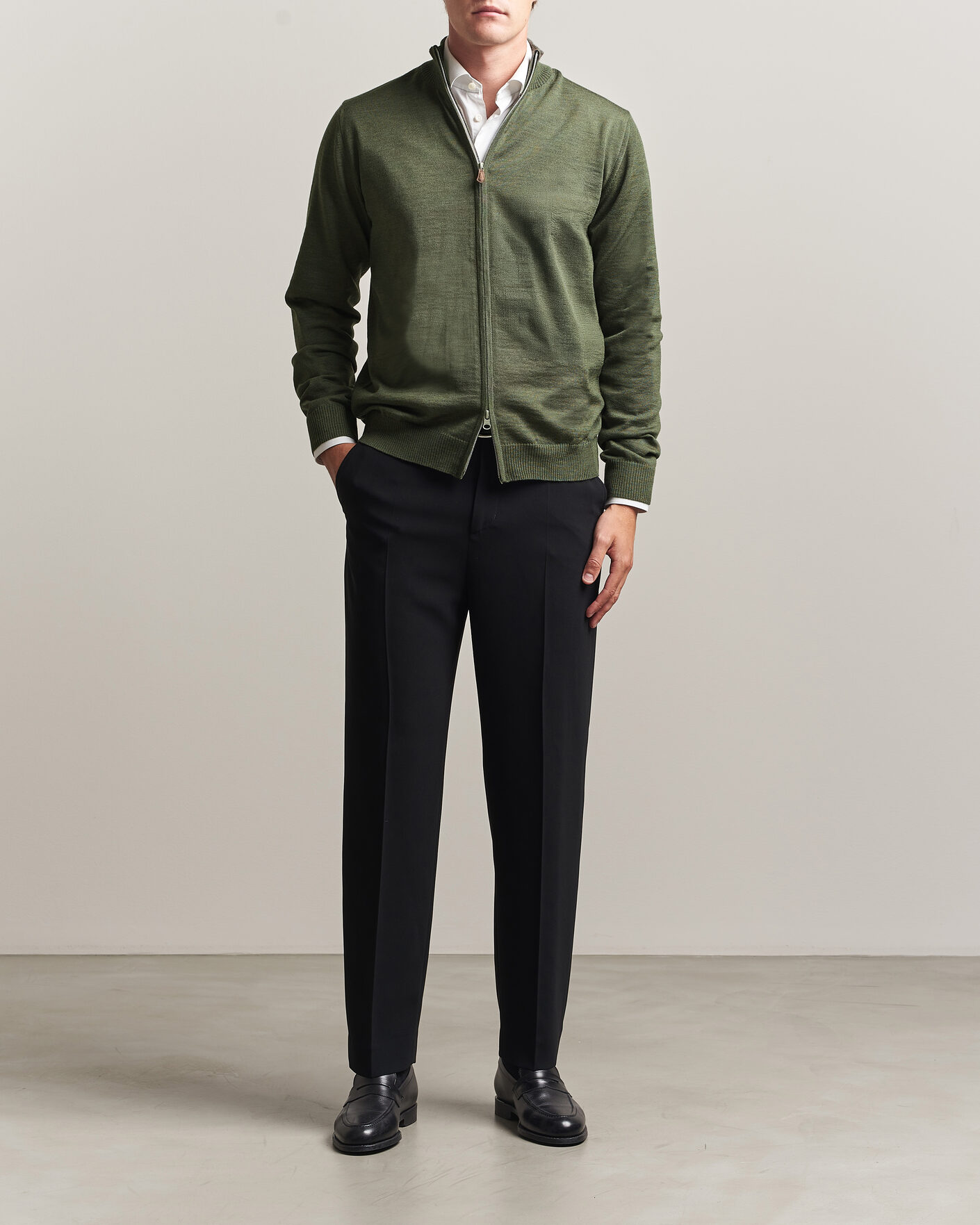 Heren | Truien | Stenströms | Merino Full Zip Green
