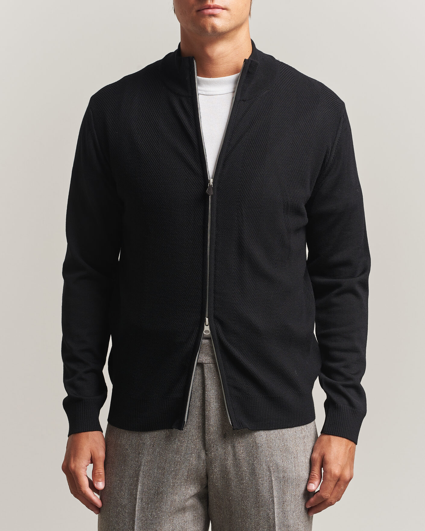Heren | Truien | Stenströms | Merino Herringbone Full Zip Black
