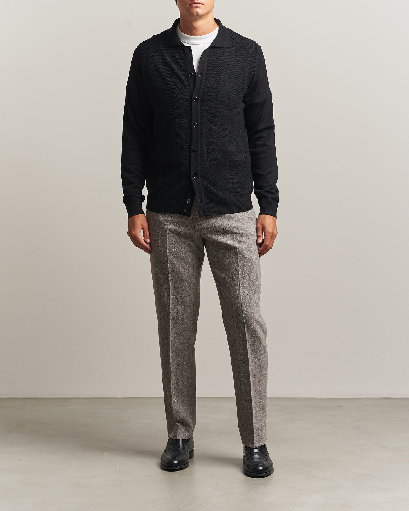Heren | Truien | Stenströms | Merino Herringbone Polo Cardigan Black