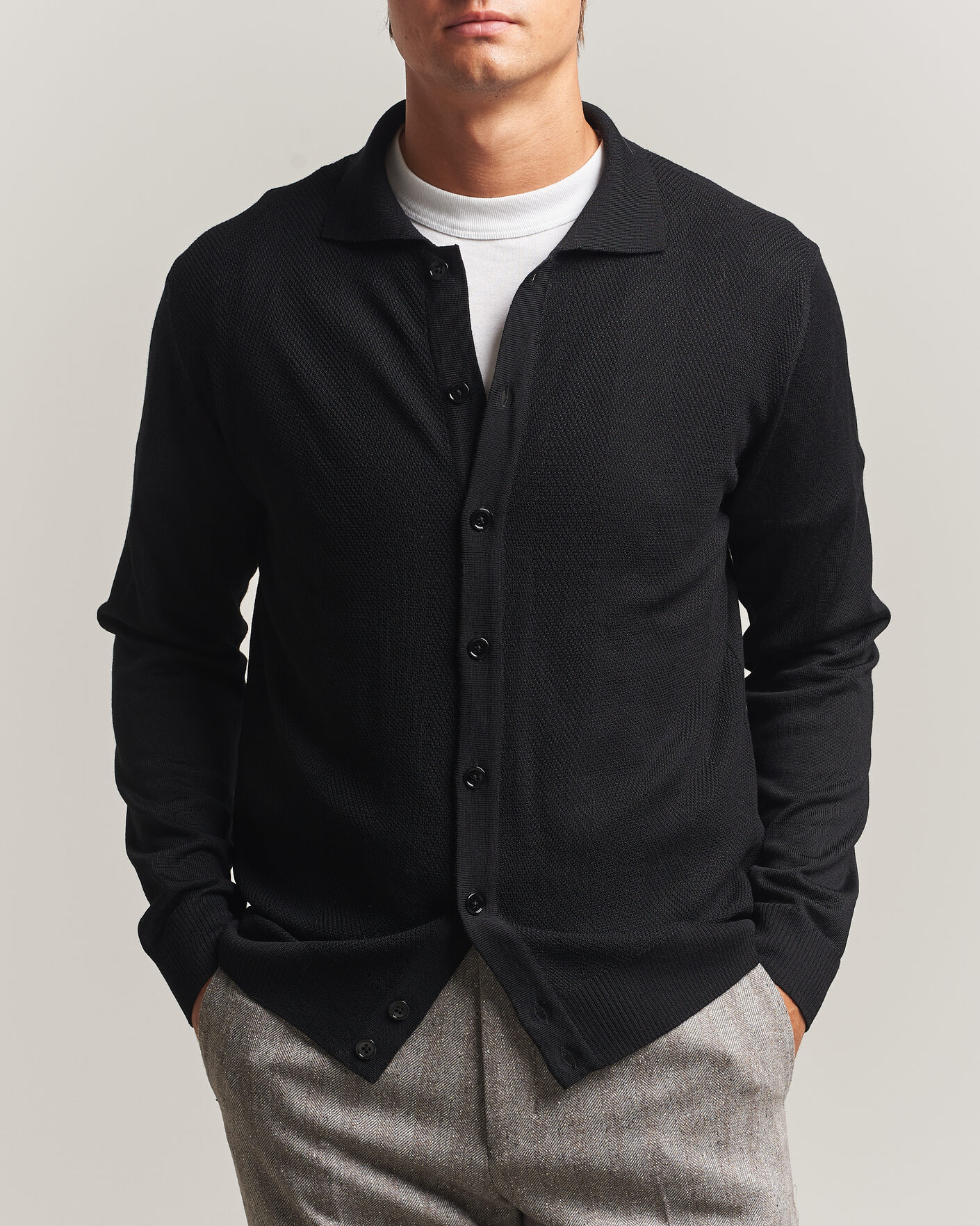 Heren | Truien | Stenströms | Merino Herringbone Polo Cardigan Black