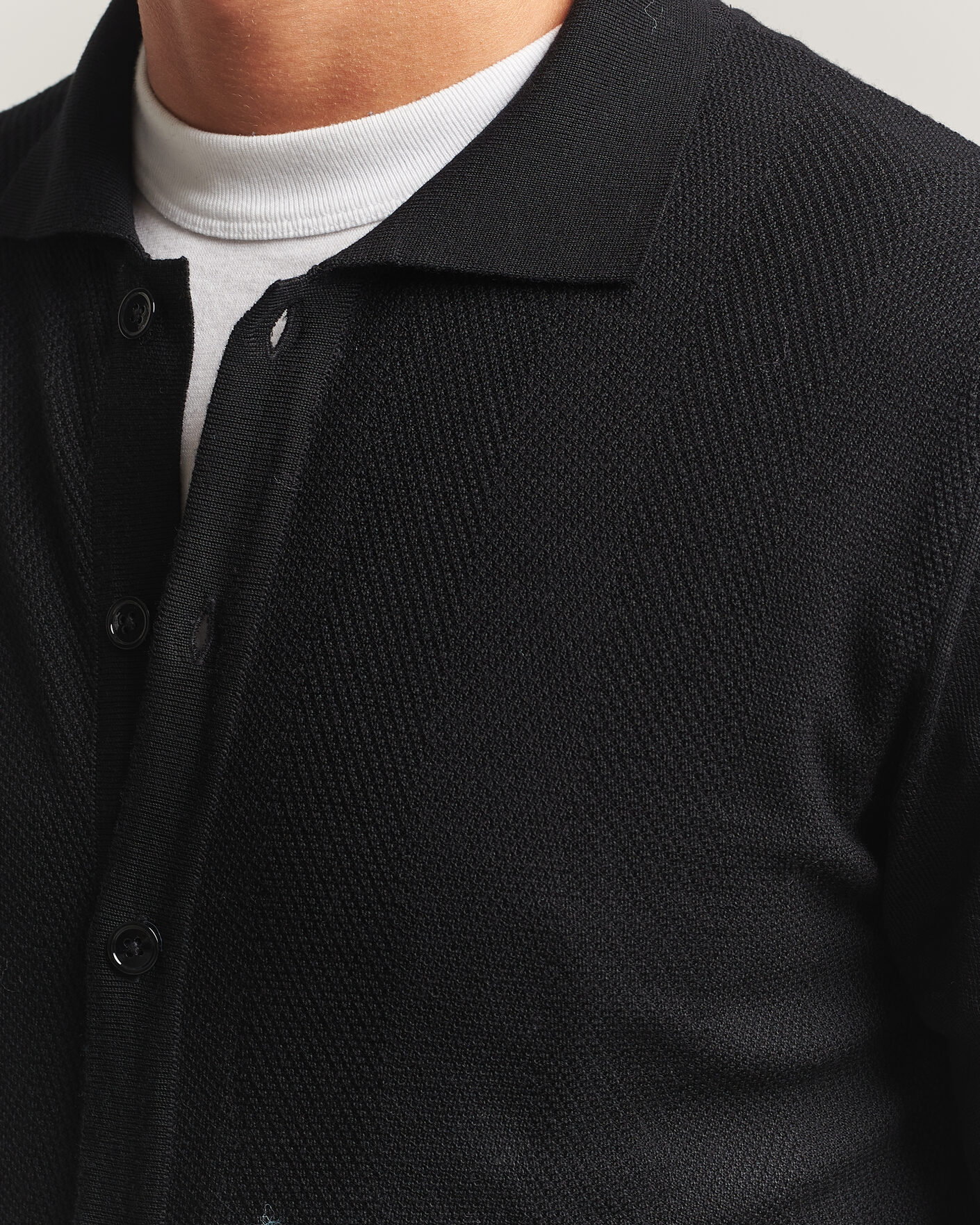 Heren | Truien | Stenströms | Merino Herringbone Polo Cardigan Black