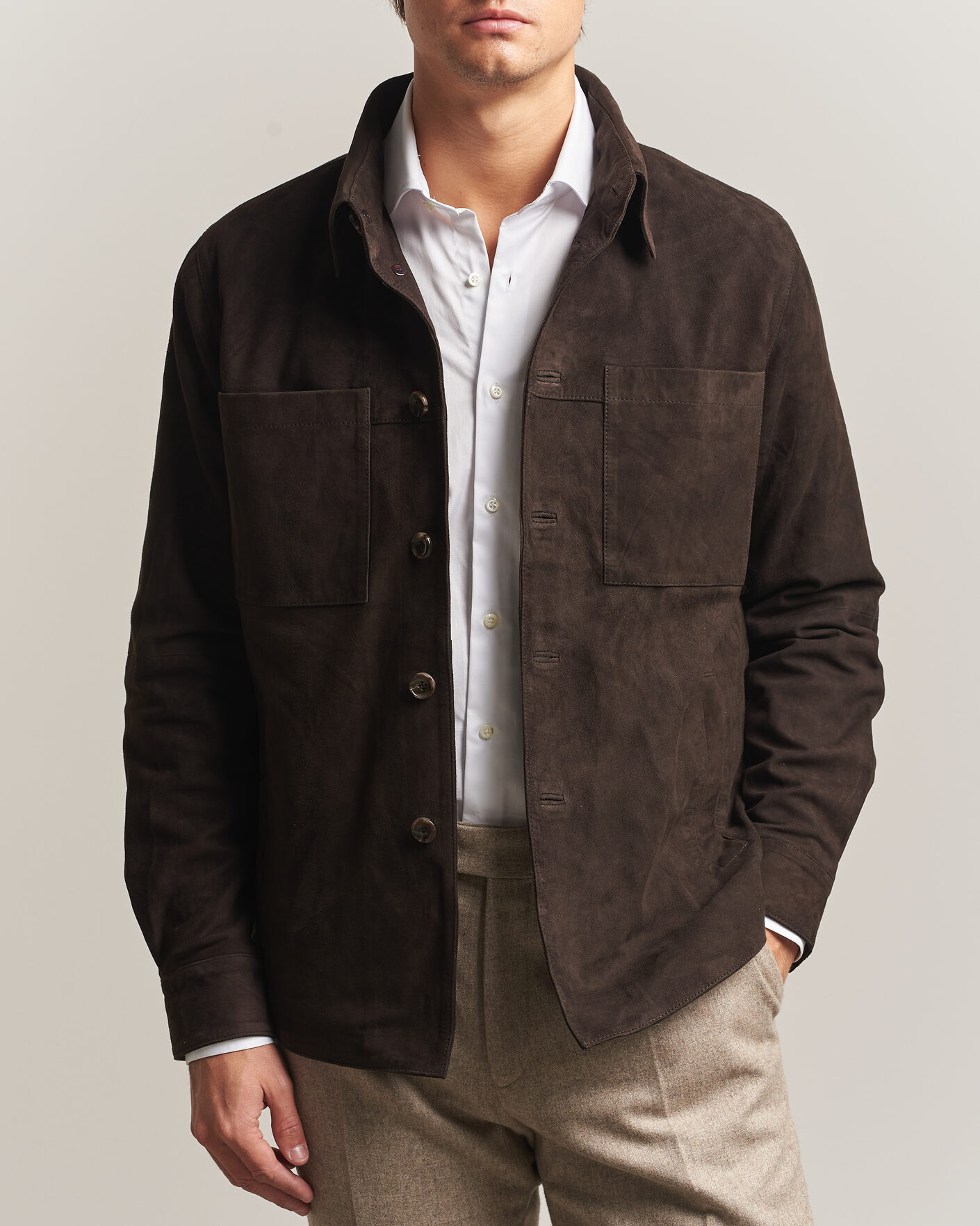 Heren | Overhemden | Stenströms | Goat Suede Overshirt Dark Brown