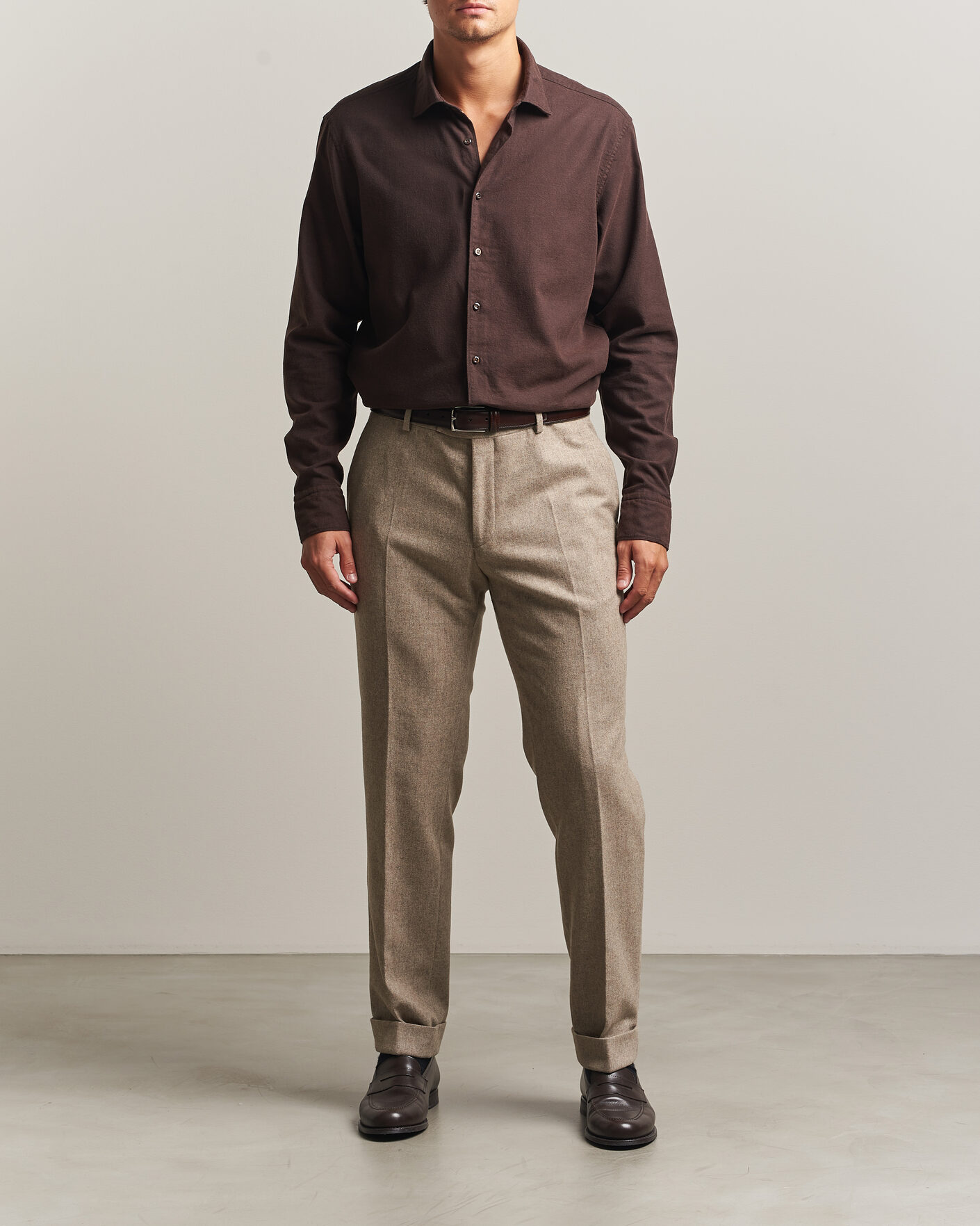 Heren | Overhemden | Stenströms | Regular Fit Cut Away Flannel Shirt Brown