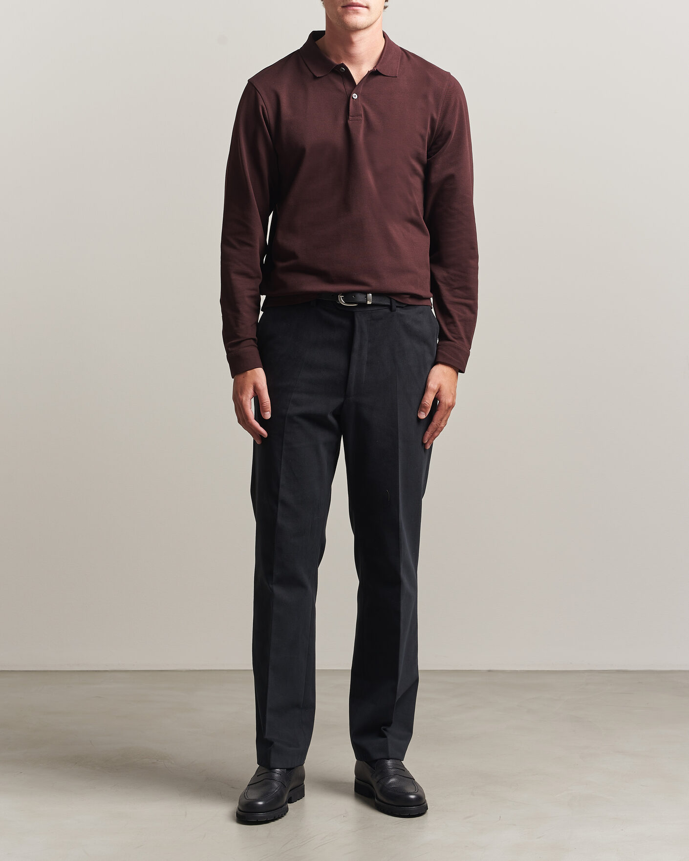 Heren | Polo's | Sunspel | Supima Cotton Long Sleeve Pique Polo Dark Brown
