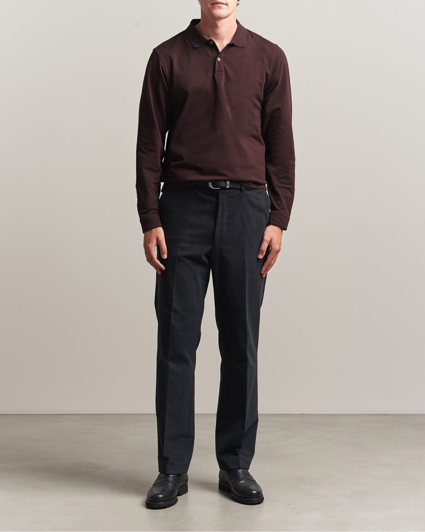 Heren | Polo's | Sunspel | Supima Cotton Long Sleeve Pique Polo Dark Brown