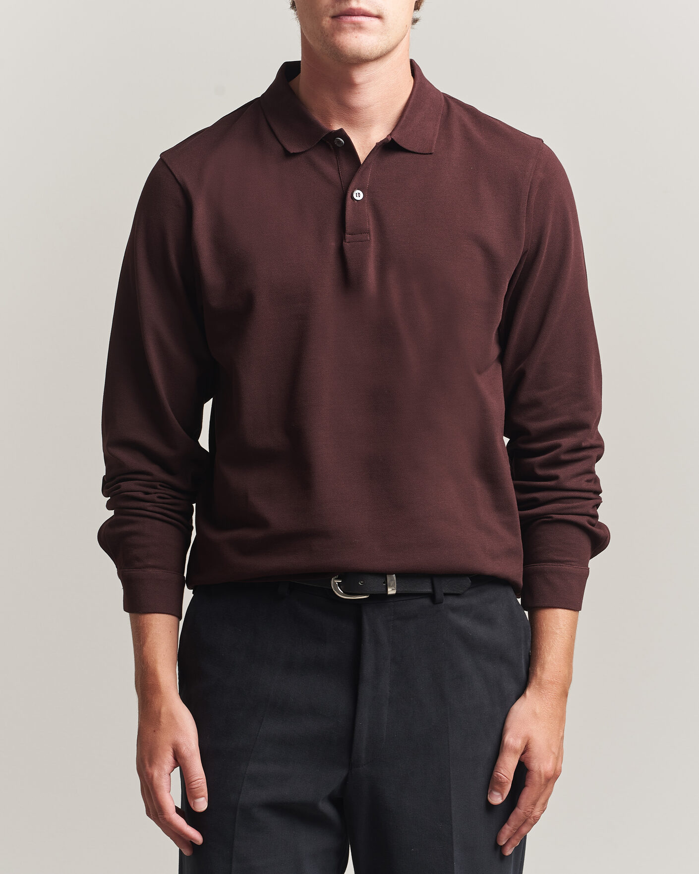 Heren | Polo's | Sunspel | Supima Cotton Long Sleeve Pique Polo Dark Brown