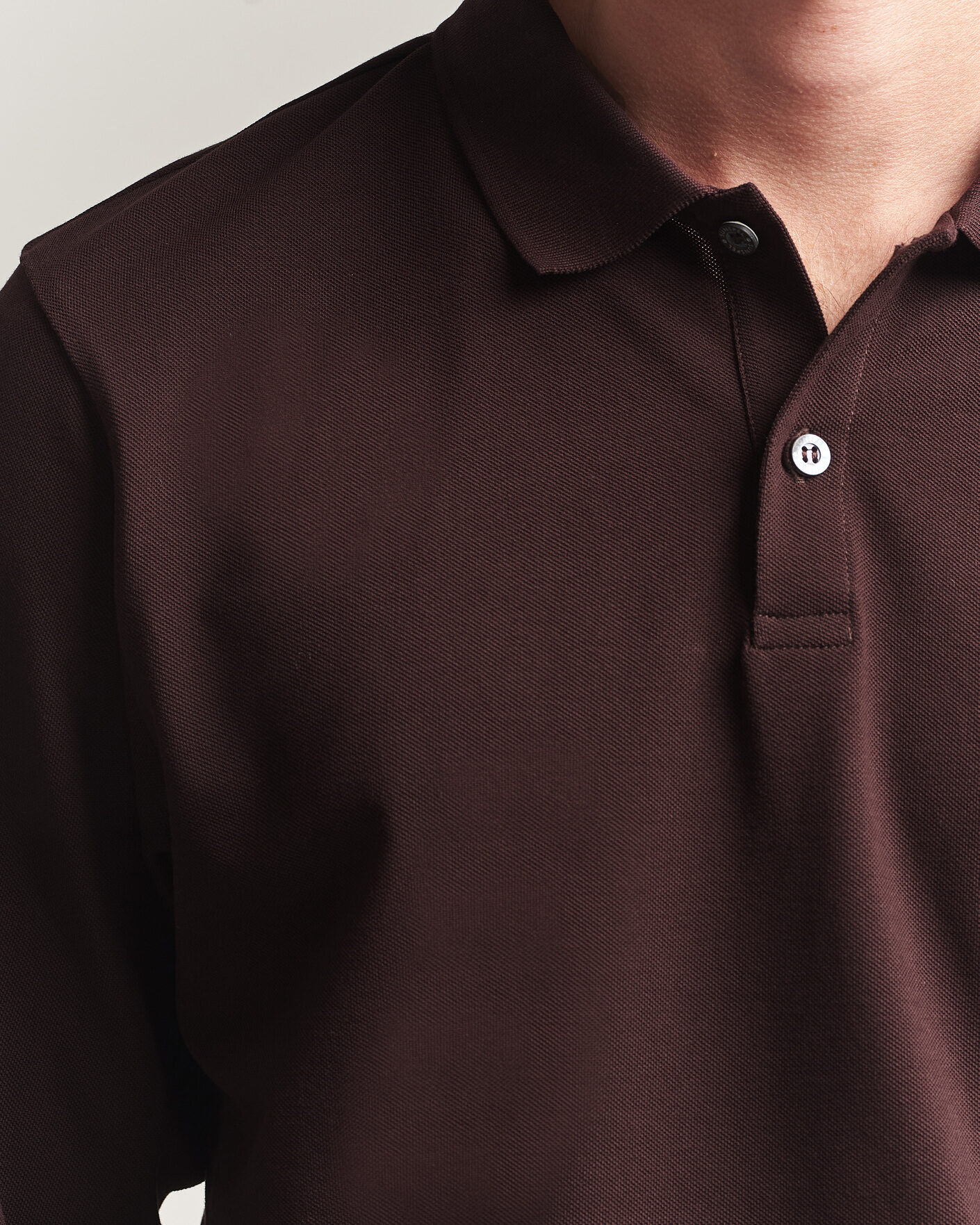 Heren | Polo's | Sunspel | Supima Cotton Long Sleeve Pique Polo Dark Brown