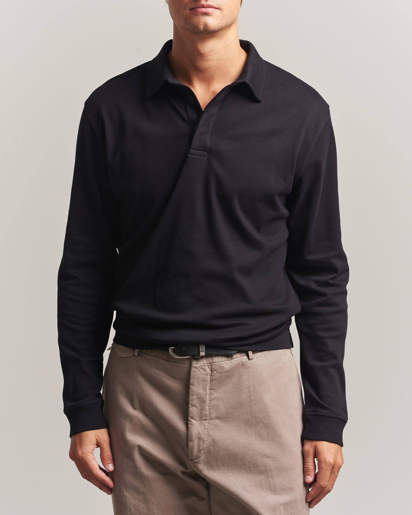 Heren | Polo's | Sunspel | Heavy Weight Supima Cotton Long Sleeve Polo Black