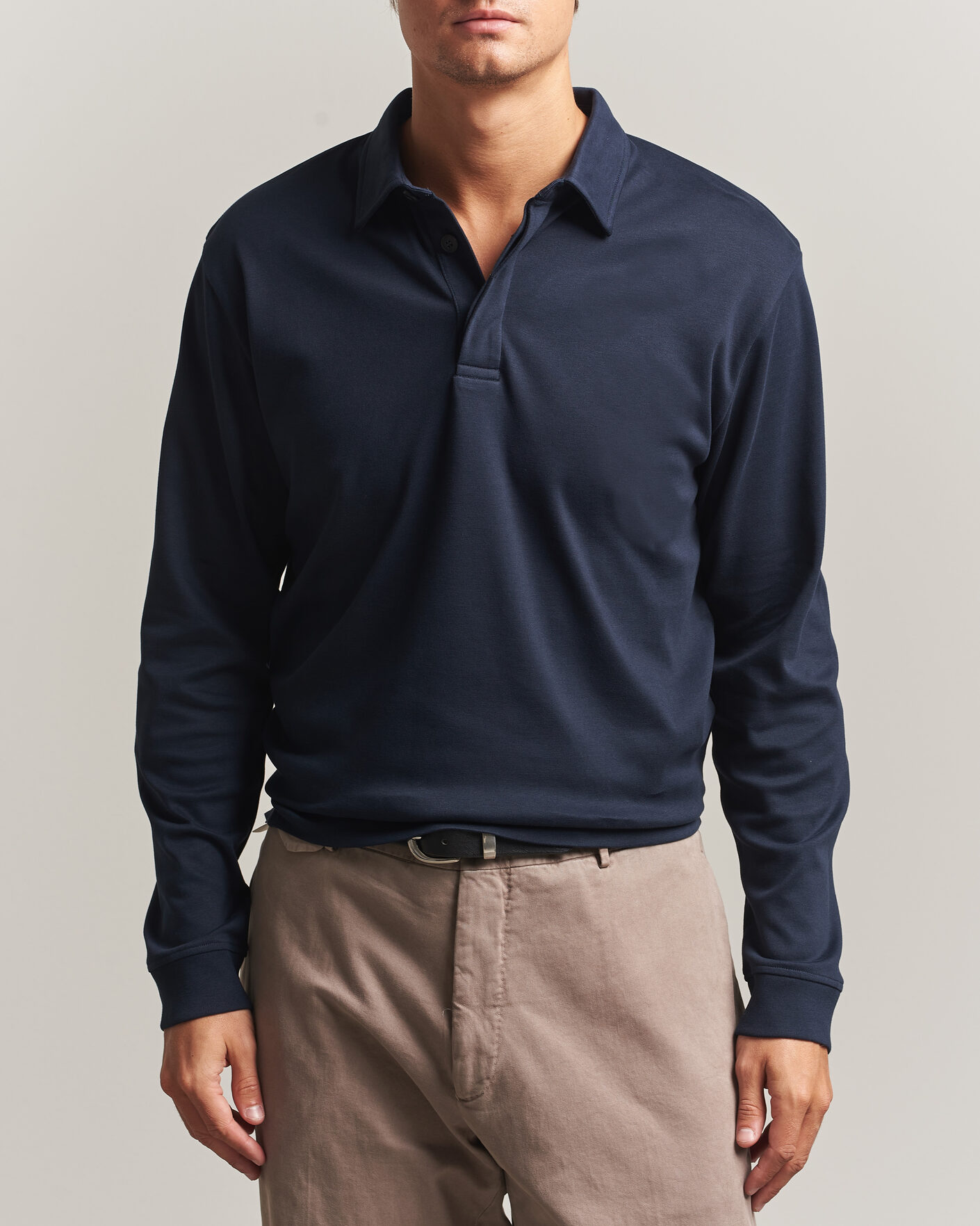 Heren | Polo's | Sunspel | Heavy Weight Supima Cotton Long Sleeve Polo Navy