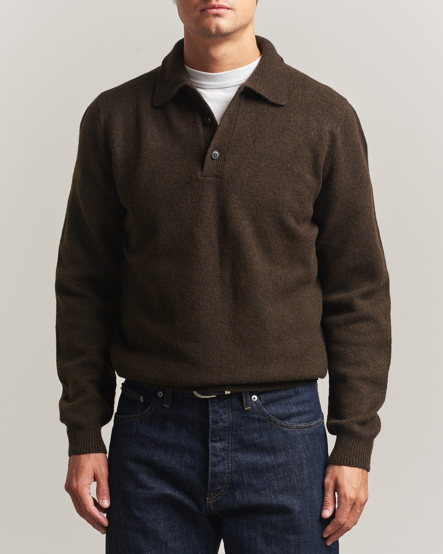 Heren | Truien | Sunspel | Lambswool Poloshirt Loden Twist
