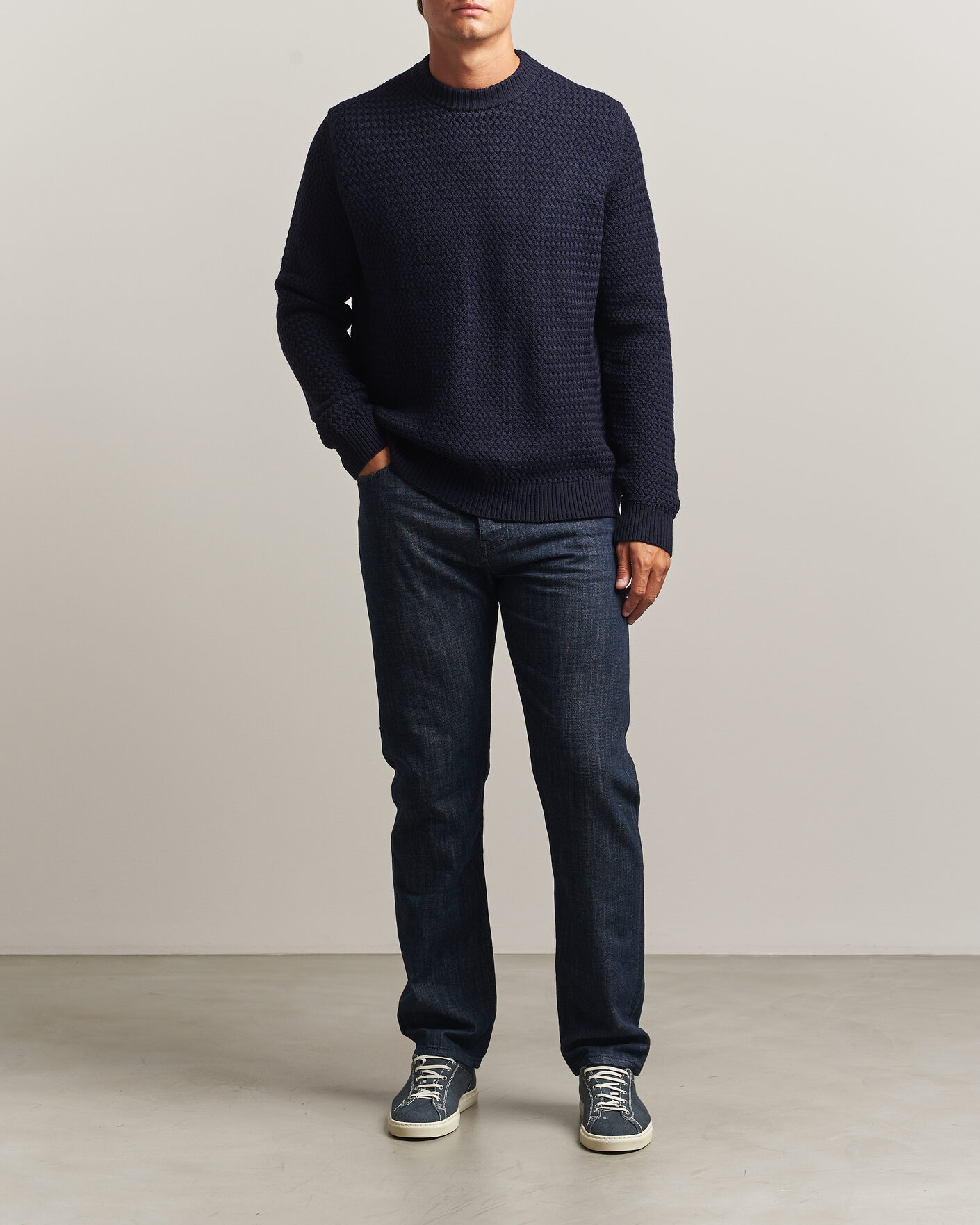 Heren | Truien | Sunspel | Merino Basketweave Stitch Jumper Navy