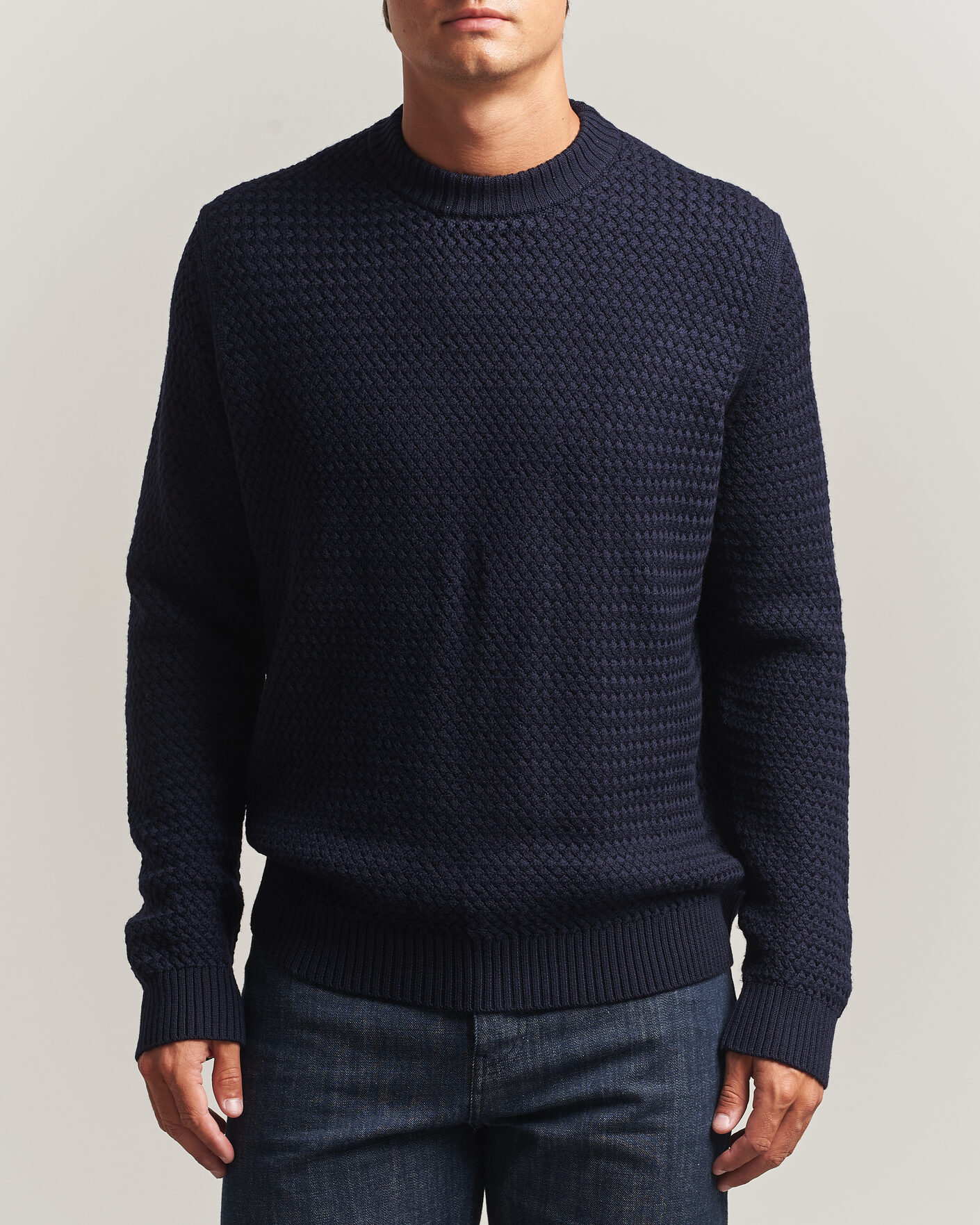 Heren | Truien | Sunspel | Merino Basketweave Stitch Jumper Navy