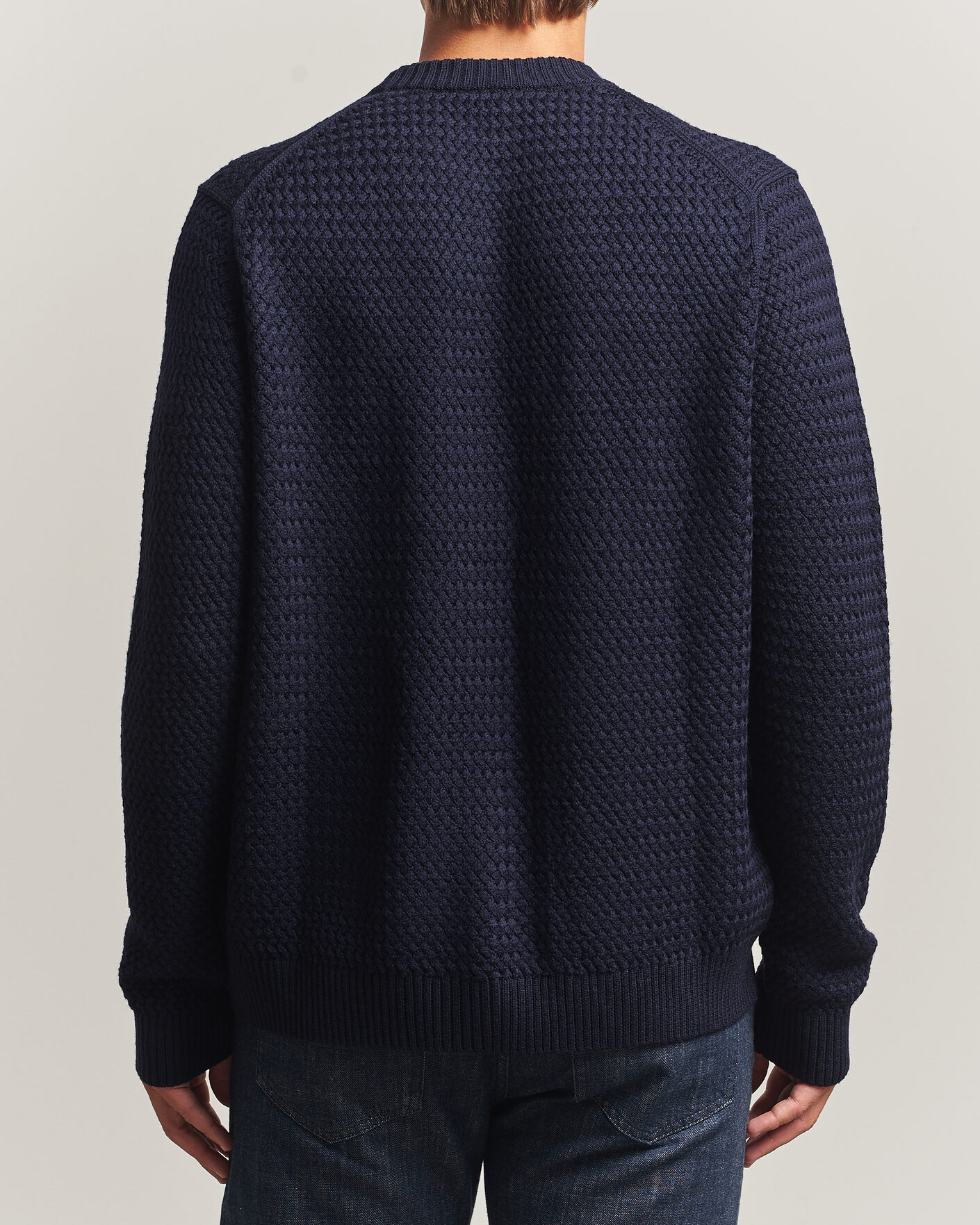 Heren | Truien | Sunspel | Merino Basketweave Stitch Jumper Navy