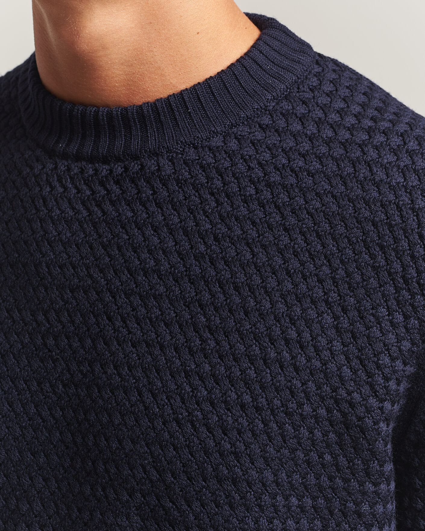 Heren | Truien | Sunspel | Merino Basketweave Stitch Jumper Navy