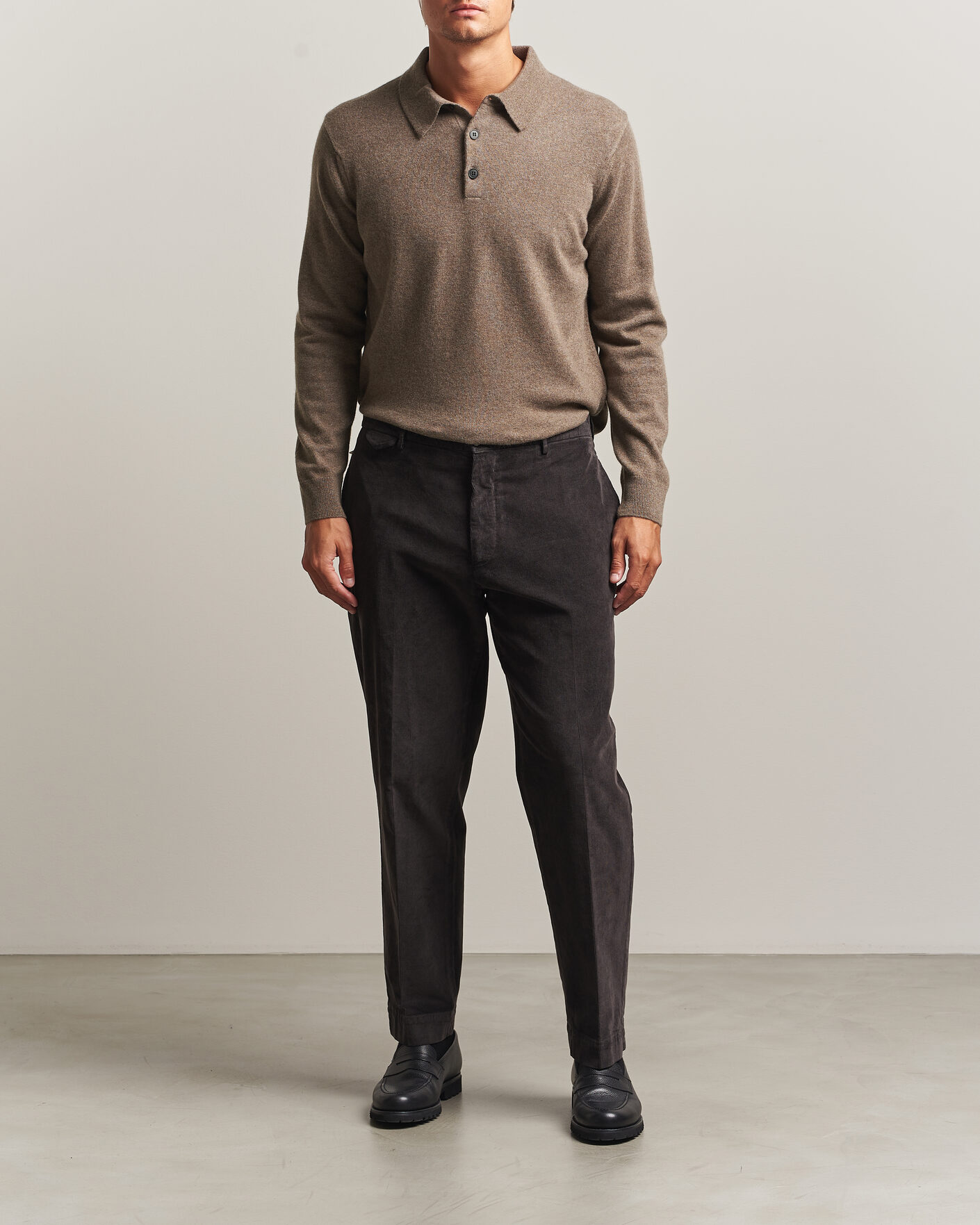 Heren | Truien | Sunspel | Cashmere Polo Taupe