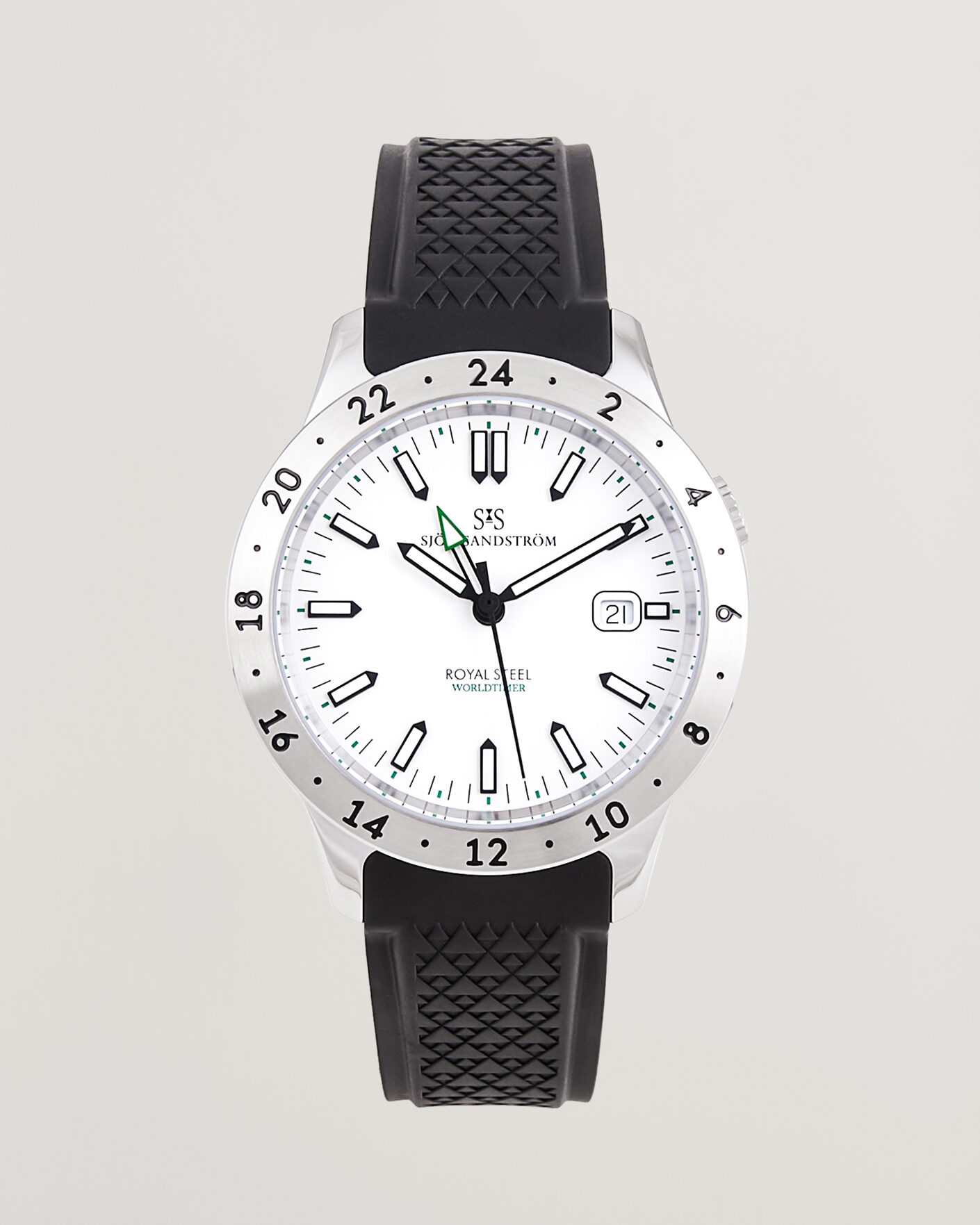 Heren | Sjöö Sandström Royal Steel Worldtimer 41mm Black Rubber White Dial | Sjöö Sandström | Royal Steel Worldtimer 41mm Black Rubber White Dial