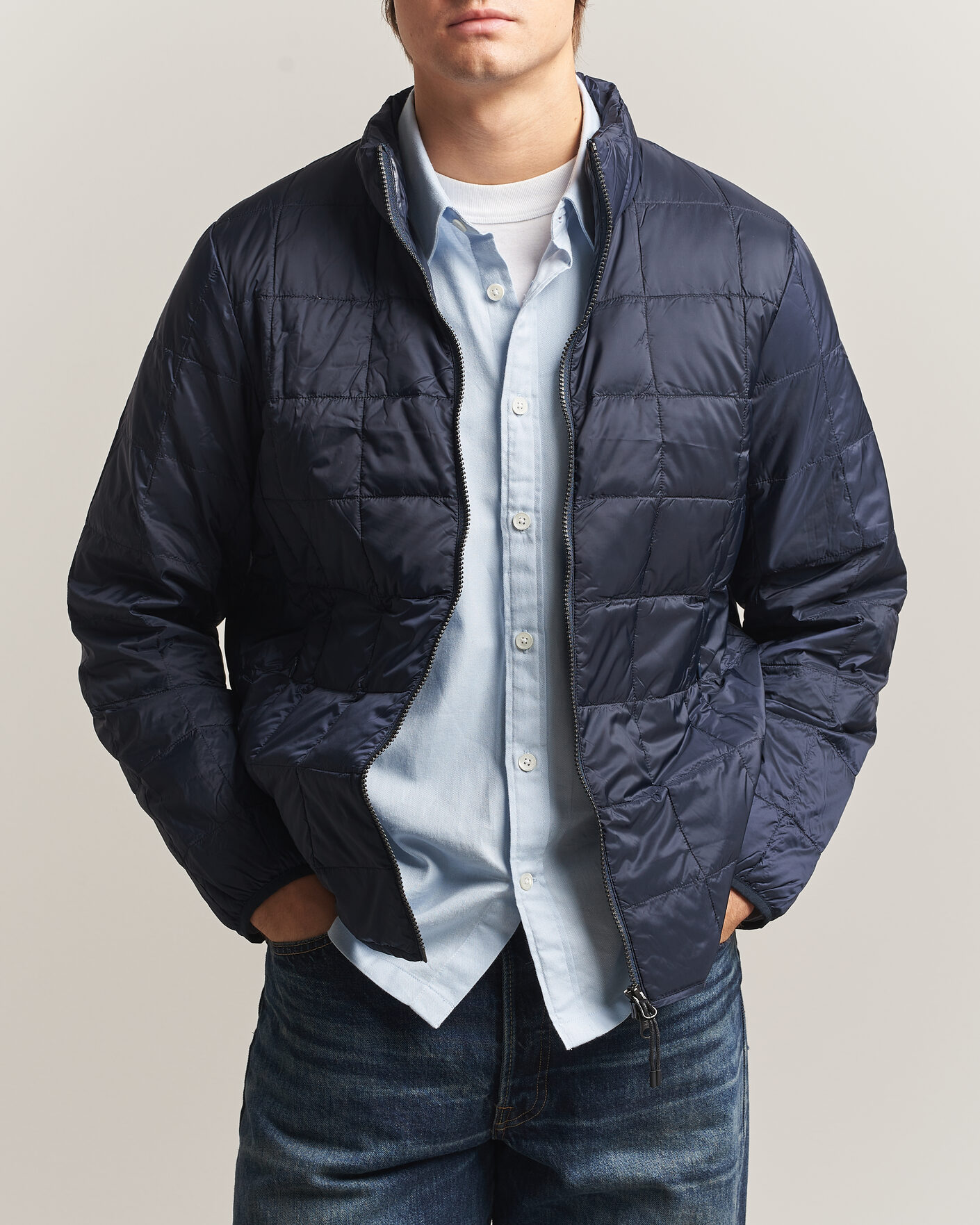 Heren | Jassen | TAION | High Neck Full Zip Lightweight Down Jacket Dark Navy
