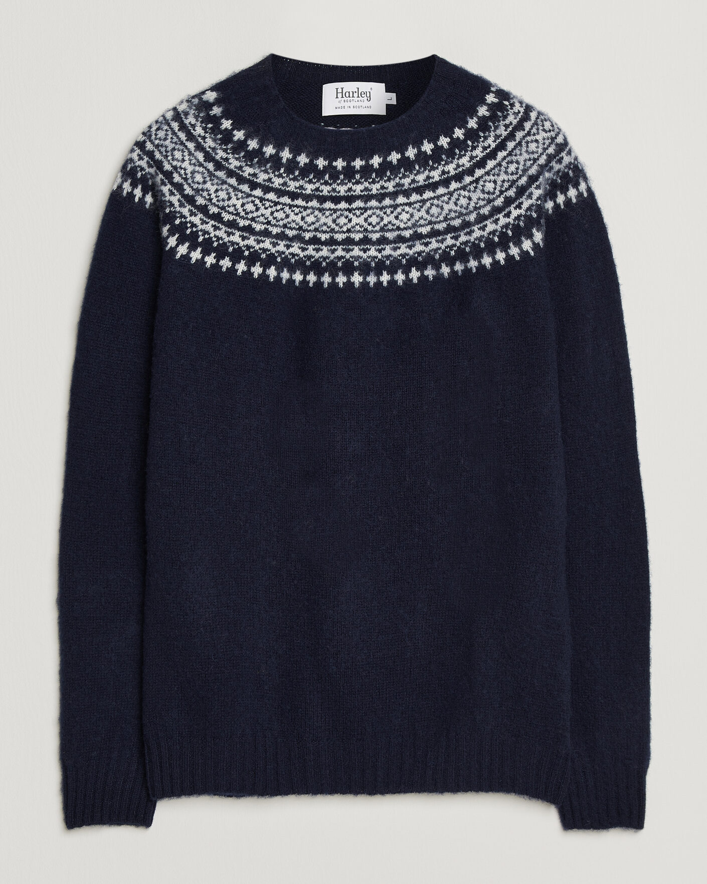 Heren | Truien | Harley Of Scotland | Brushed Supersoft Lambswool Yolk Fairisle Navy/Snow White