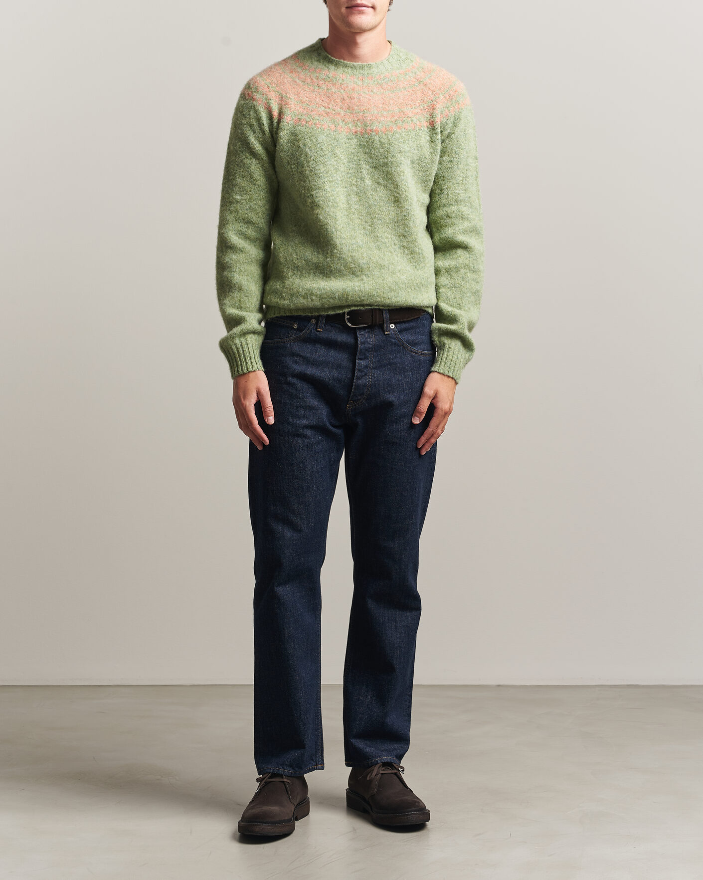Heren | Truien | Harley Of Scotland | Brushed Supersoft Lambswool Yolk Fairisle Sage/Parfait