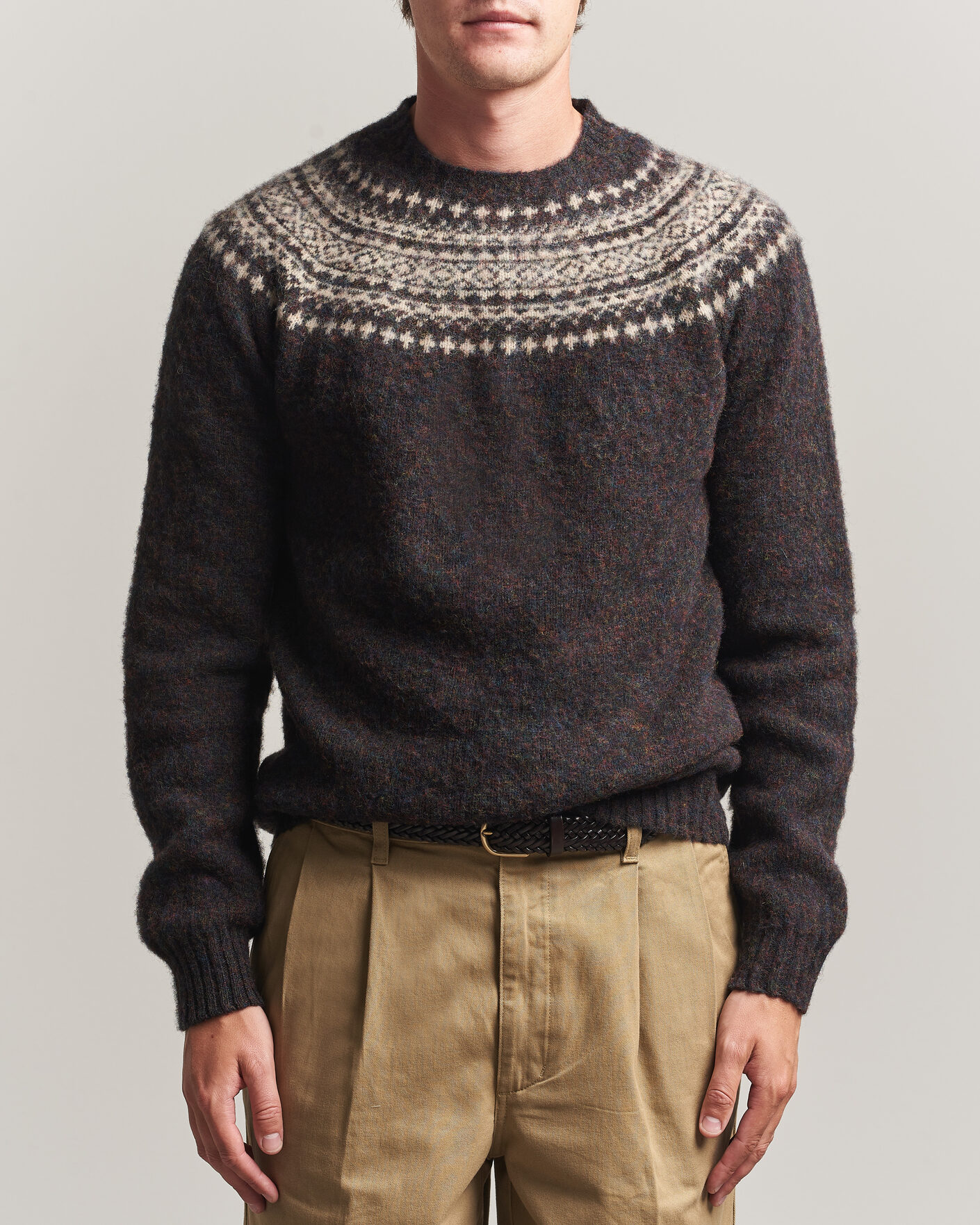 Heren | Truien | Harley Of Scotland | Brushed Supersoft Lambswool Yolk Fairisle Volcano/Cameo