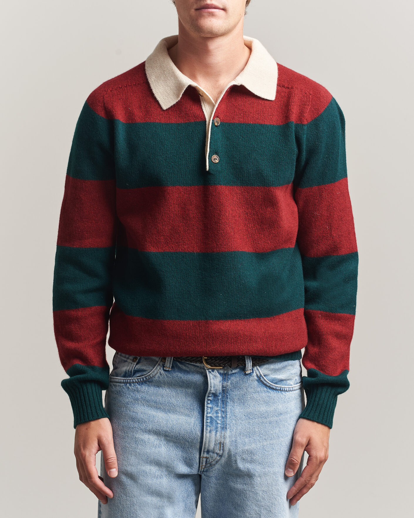 Heren | Truien | Harley Of Scotland | Supersoft 2ply Lambswool Rugby Green/Red