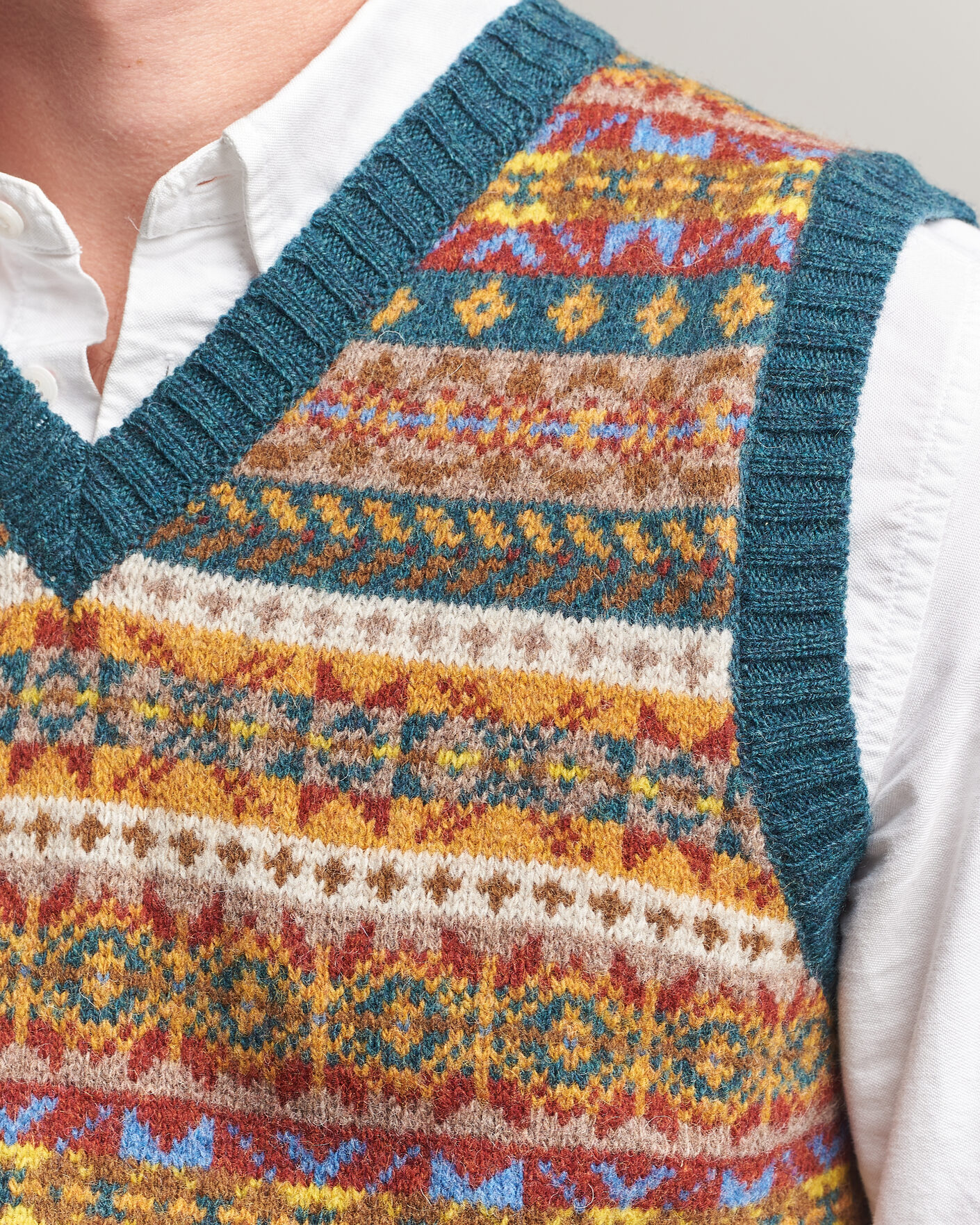 Heren | Truien | Harley Of Scotland | Supersoft 2ply Lambswool Fairisle Vest Tempest