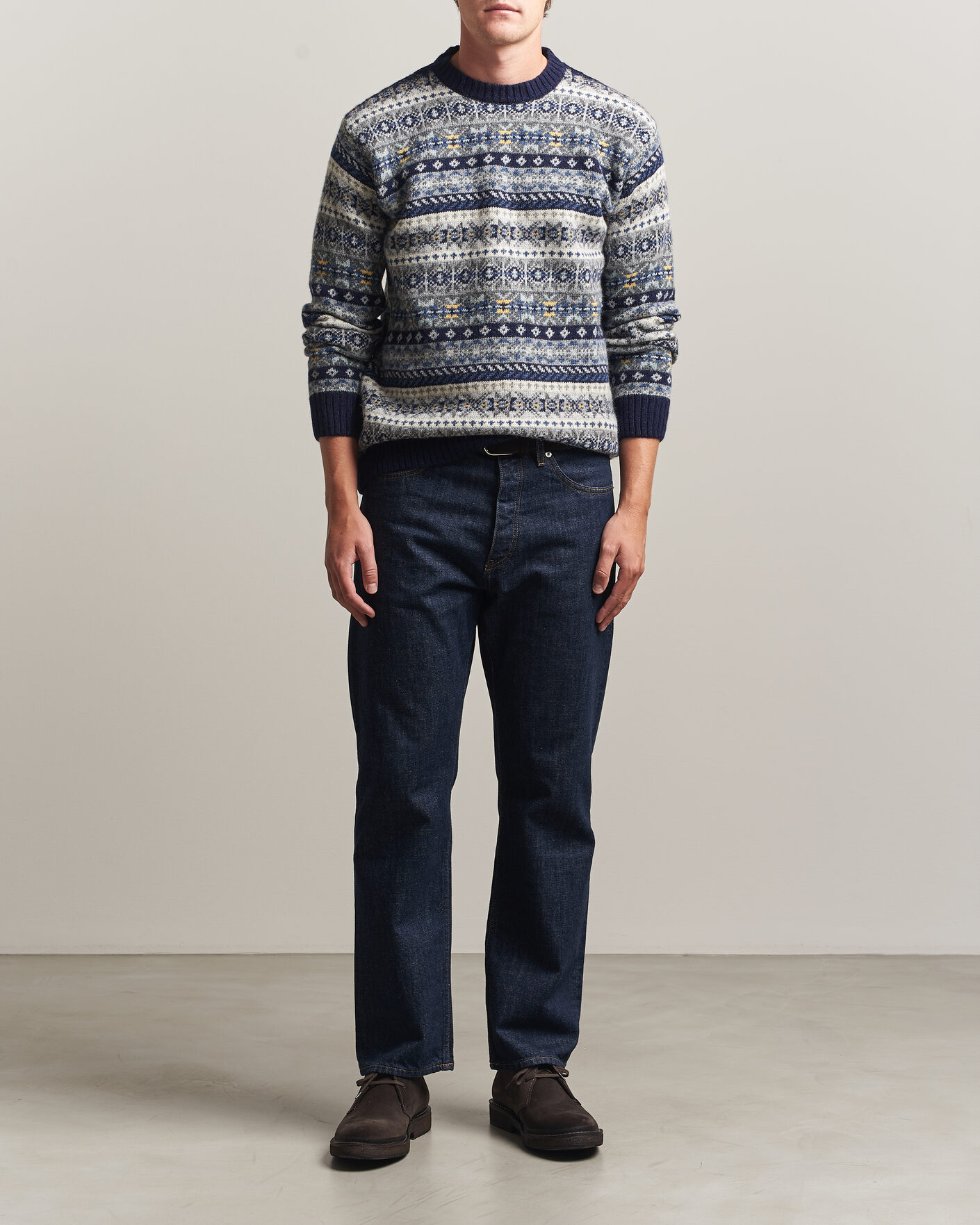 Heren | Truien | Harley Of Scotland | Supersoft 2ply Lambswool Fairisle Crew Navy