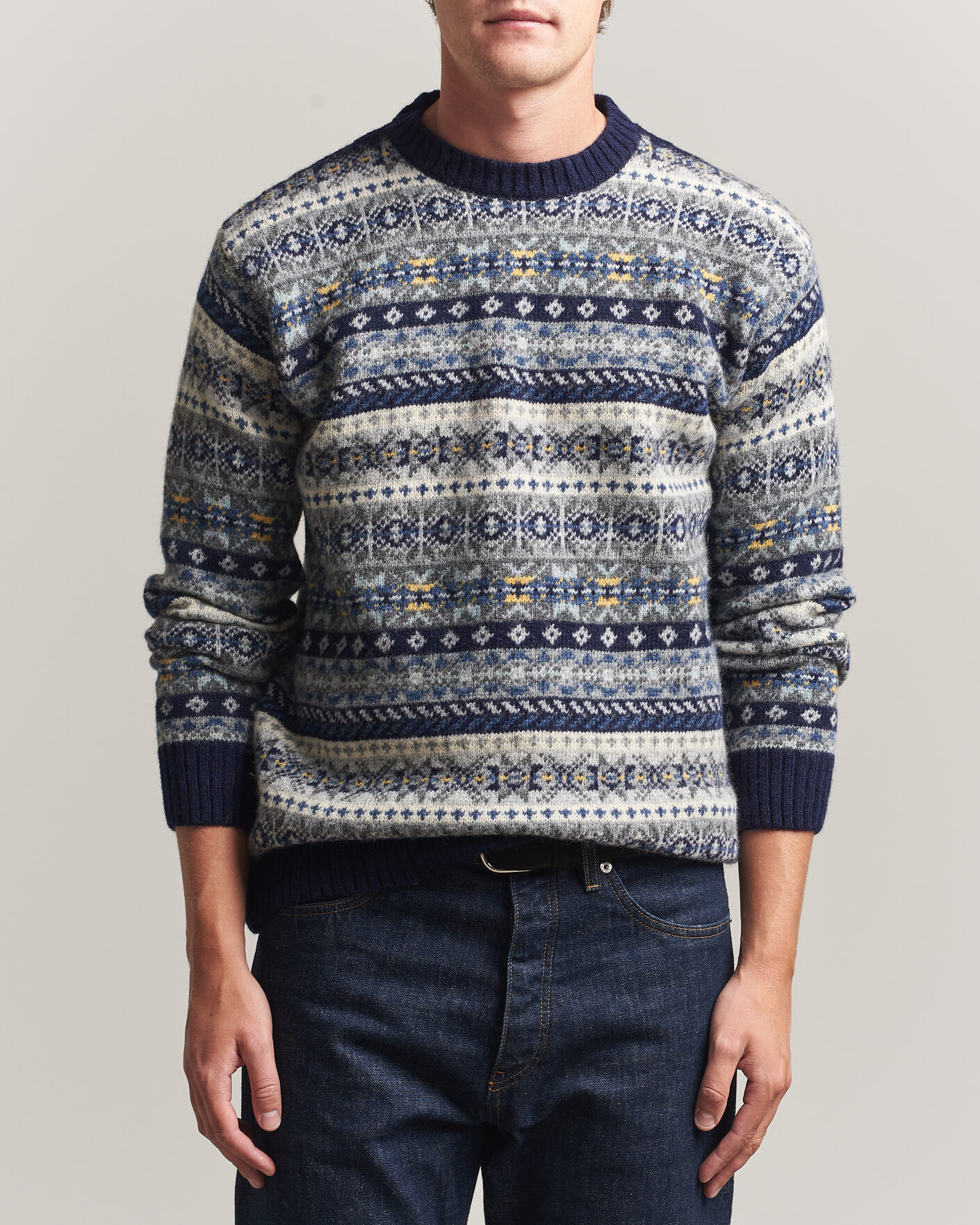 Heren | Truien | Harley Of Scotland | Supersoft 2ply Lambswool Fairisle Crew Navy