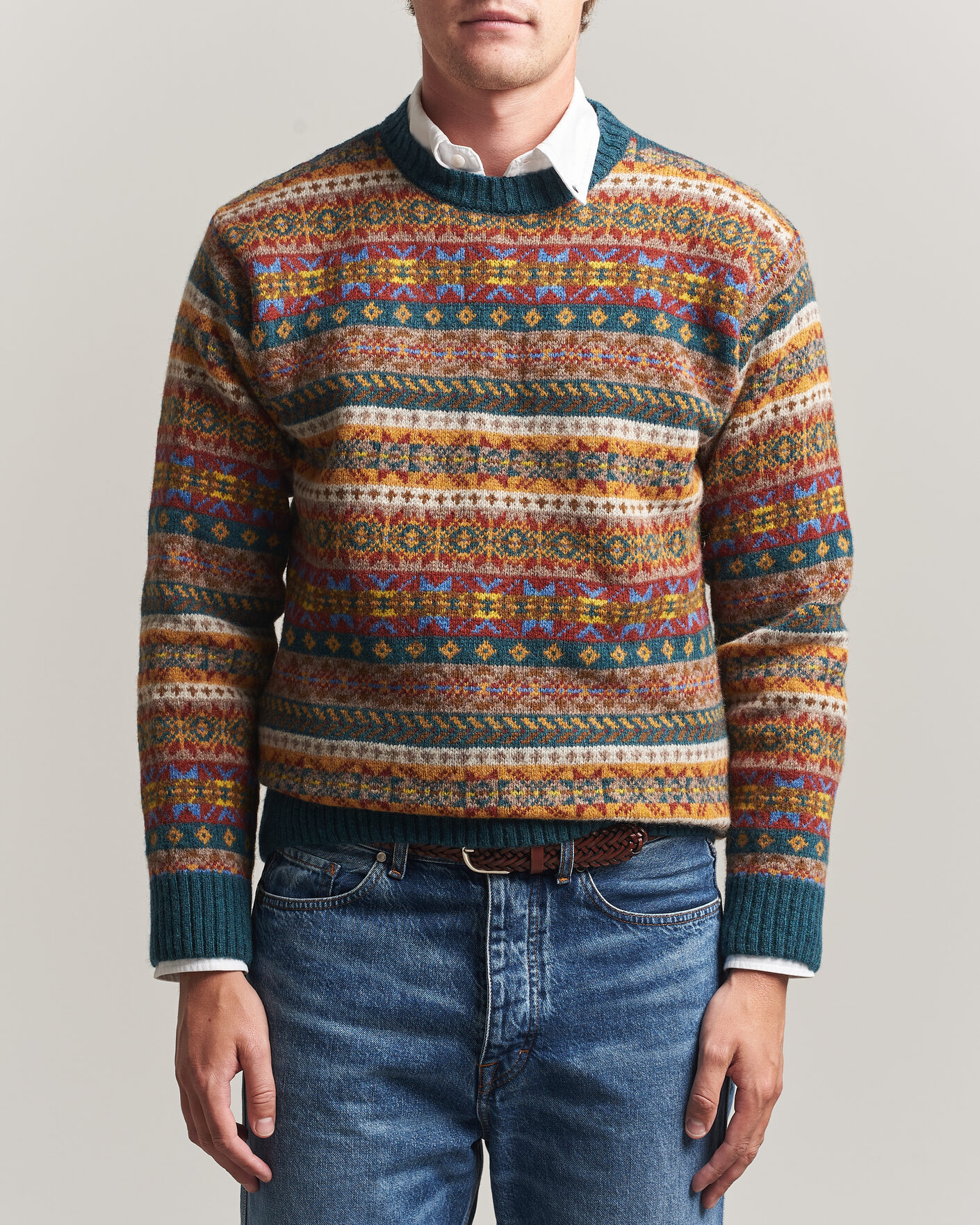 Heren | Truien | Harley Of Scotland | Supersoft 2ply Lambswool Fairisle Crew Tempest