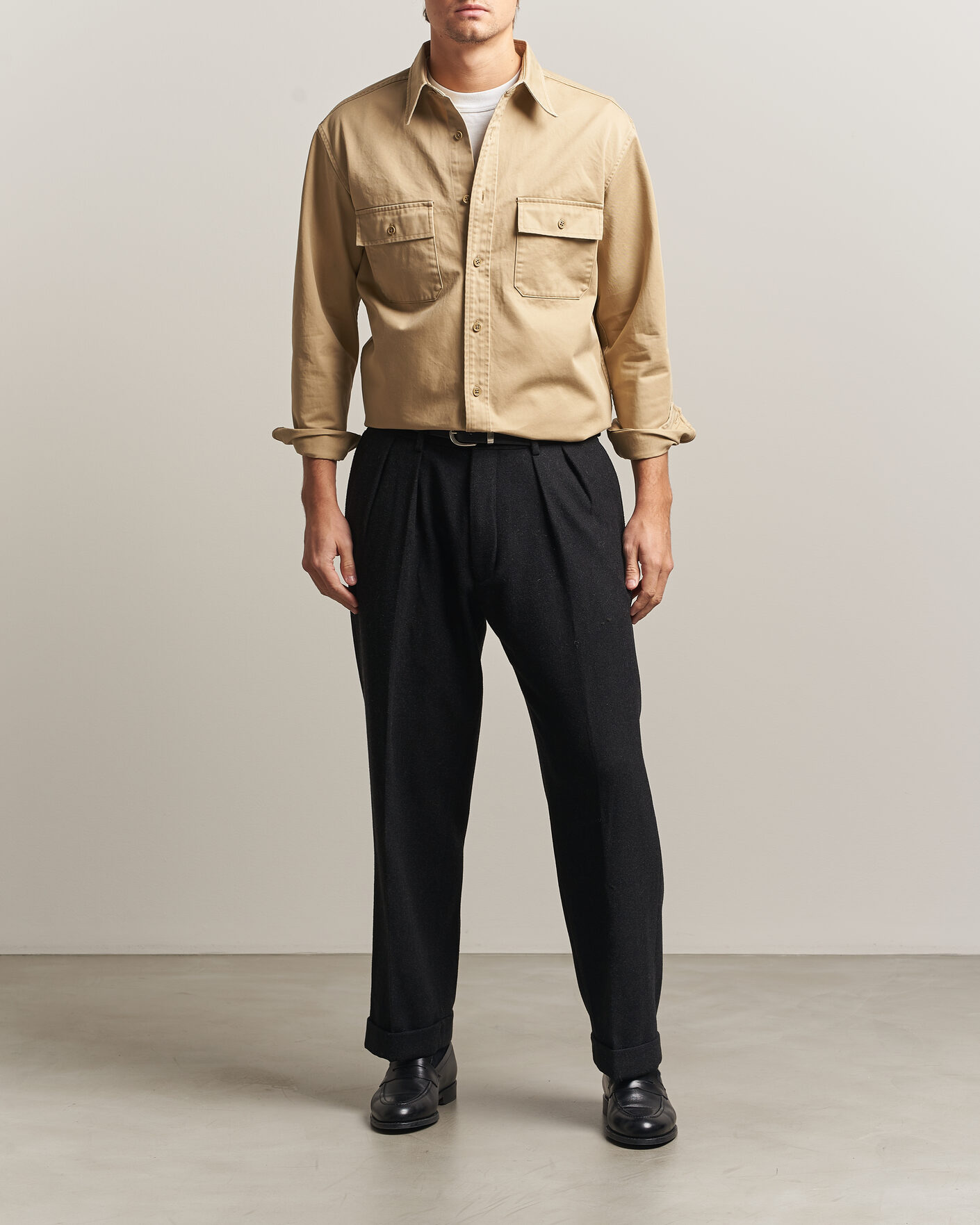 Heren | Overhemden | Kamakura Shirts | Cotton Twill CPO Overshirt Beige