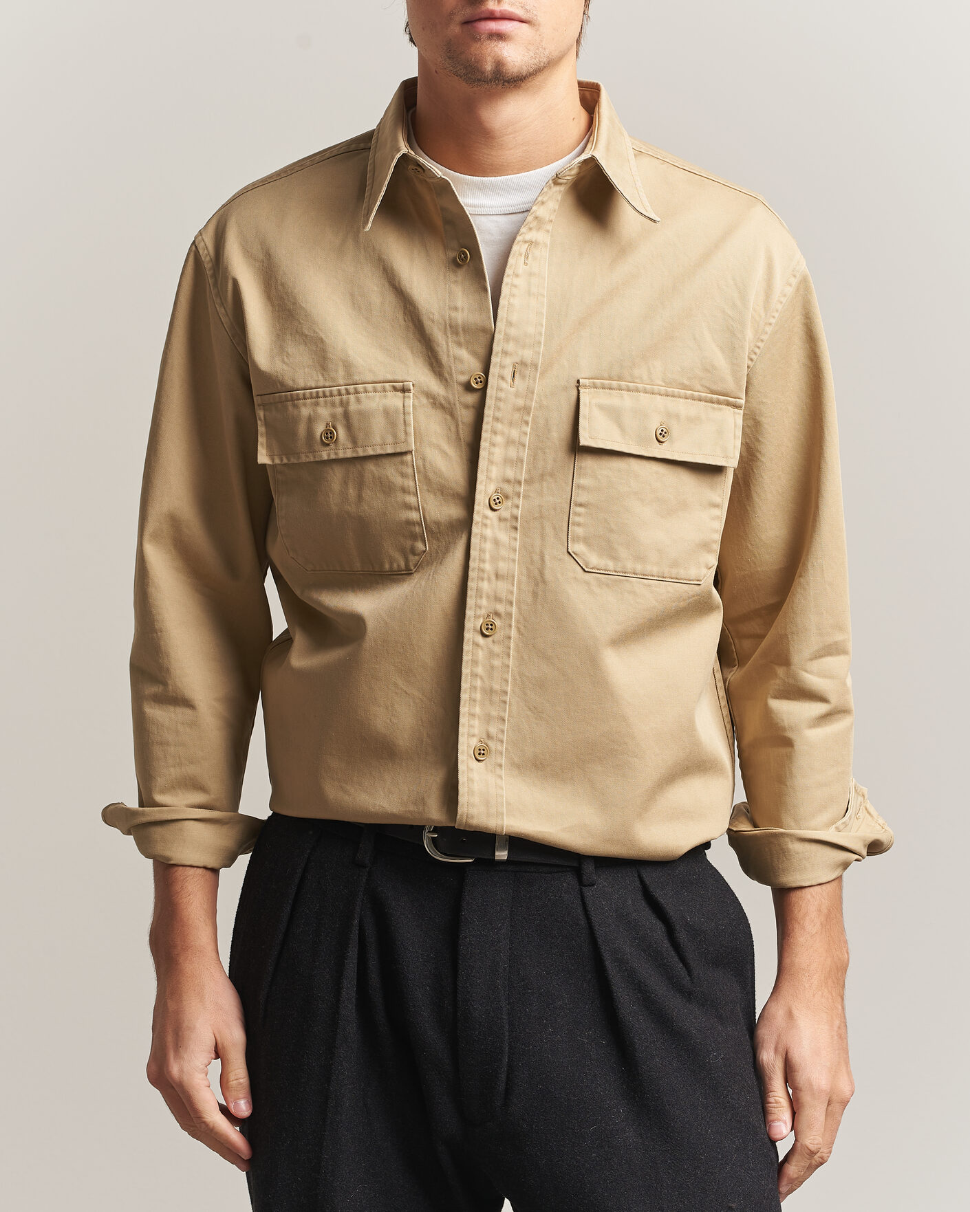 Heren | Overhemden | Kamakura Shirts | Cotton Twill CPO Overshirt Beige