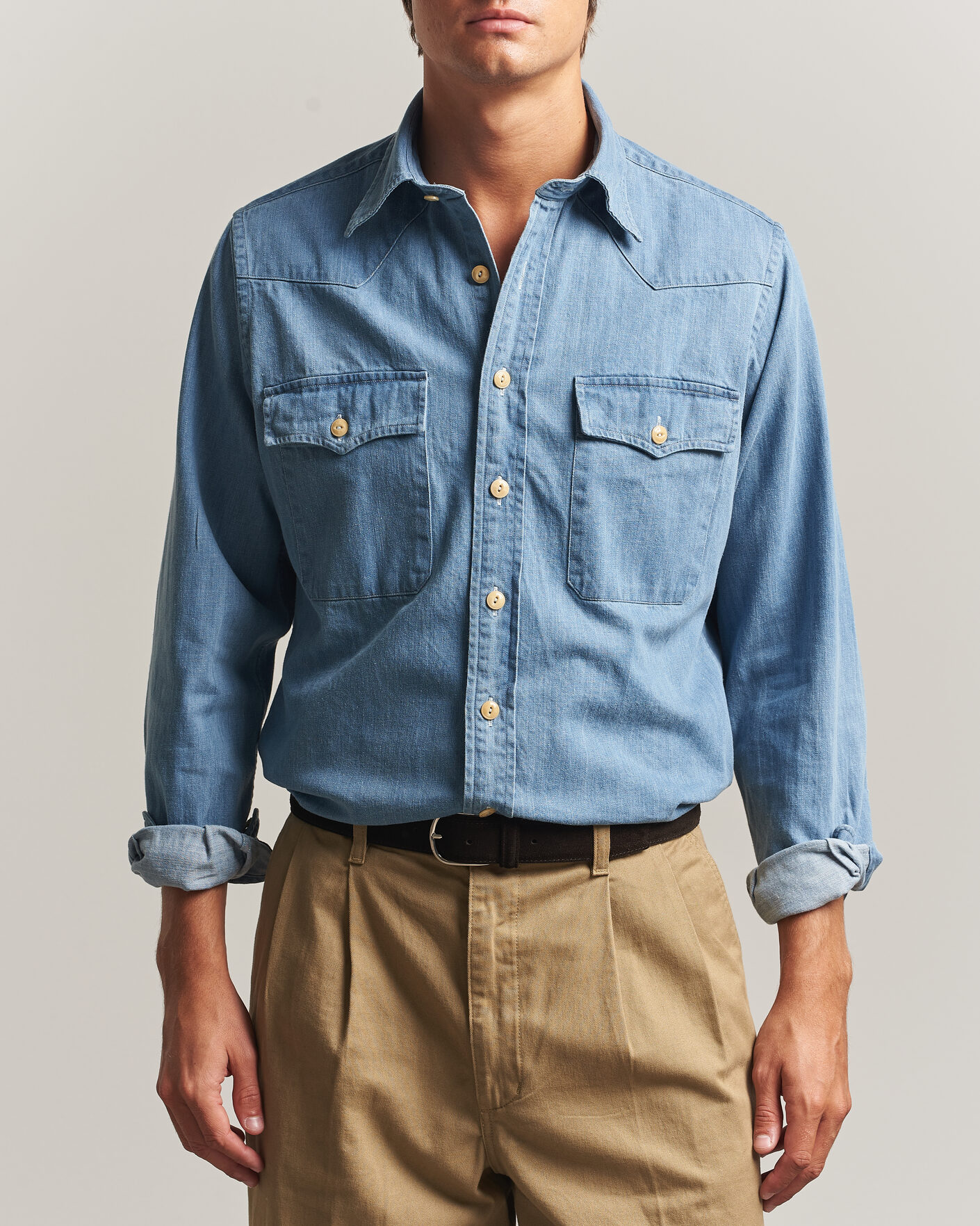 Heren | Overhemden | Drake's | Denim Western Shirt Bleached Blue