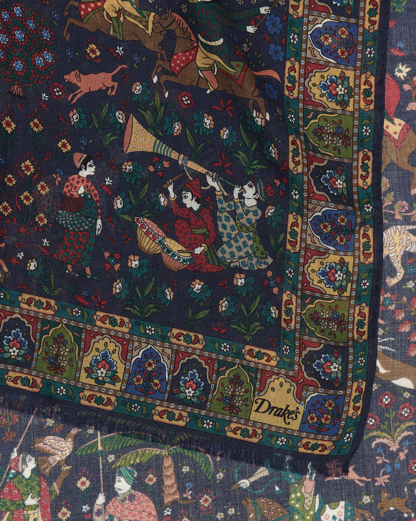 Heren | Sjaals | Drake's | Mughal Garden Wool/Silk Scarf Navy