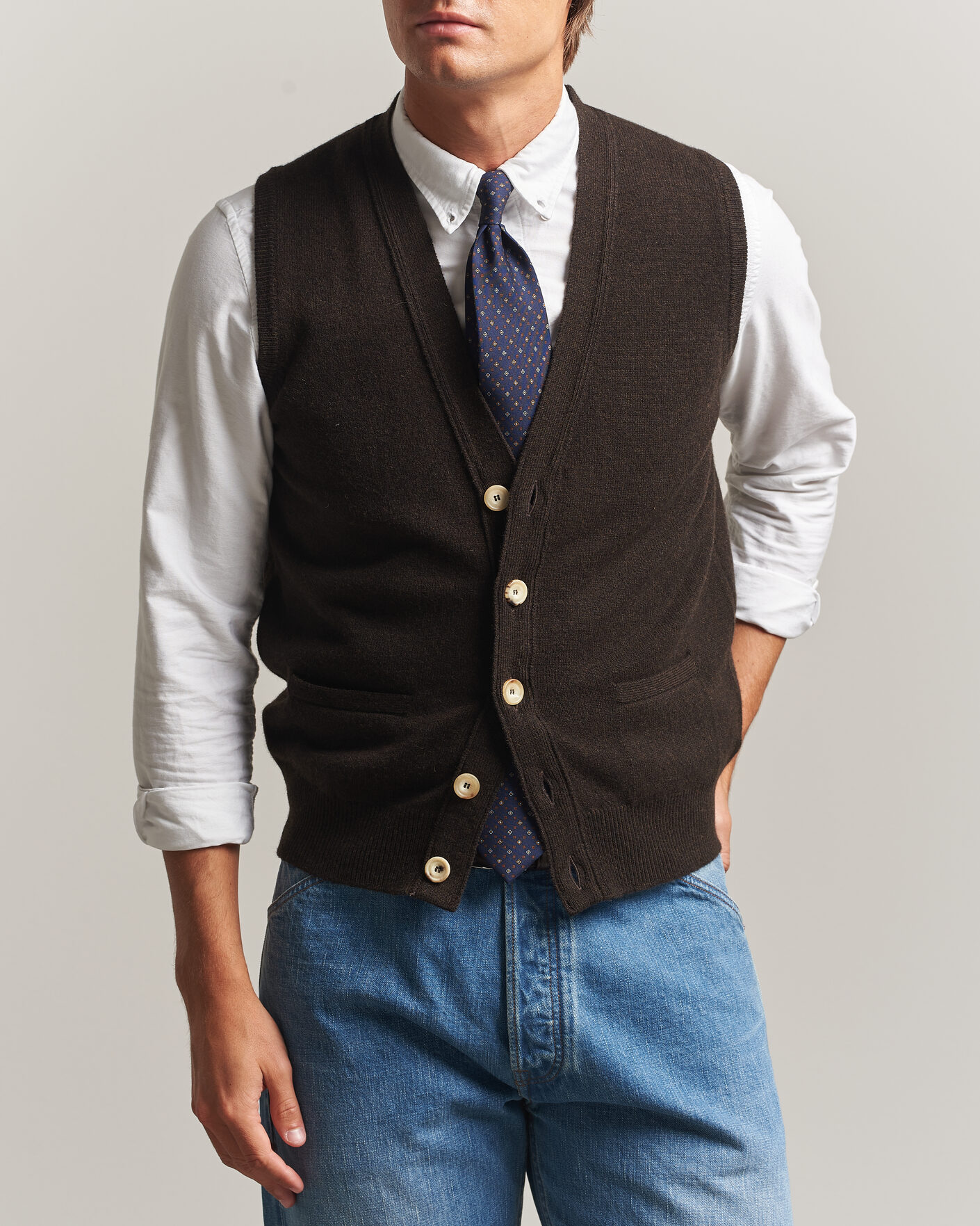 Heren | Truien | Drake's | Lambswool Vest Cardigan Dark Brown