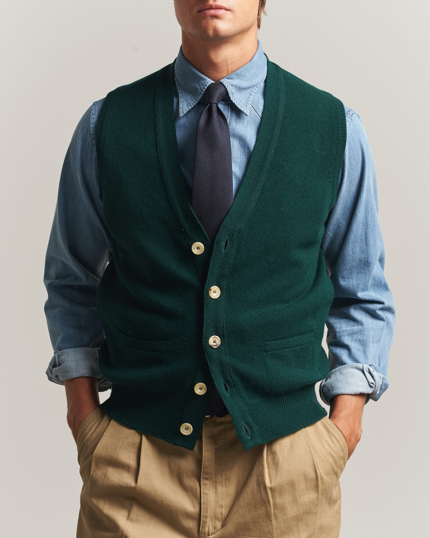 Heren | Truien | Drake's | Lambswool Vest Cardigan Green