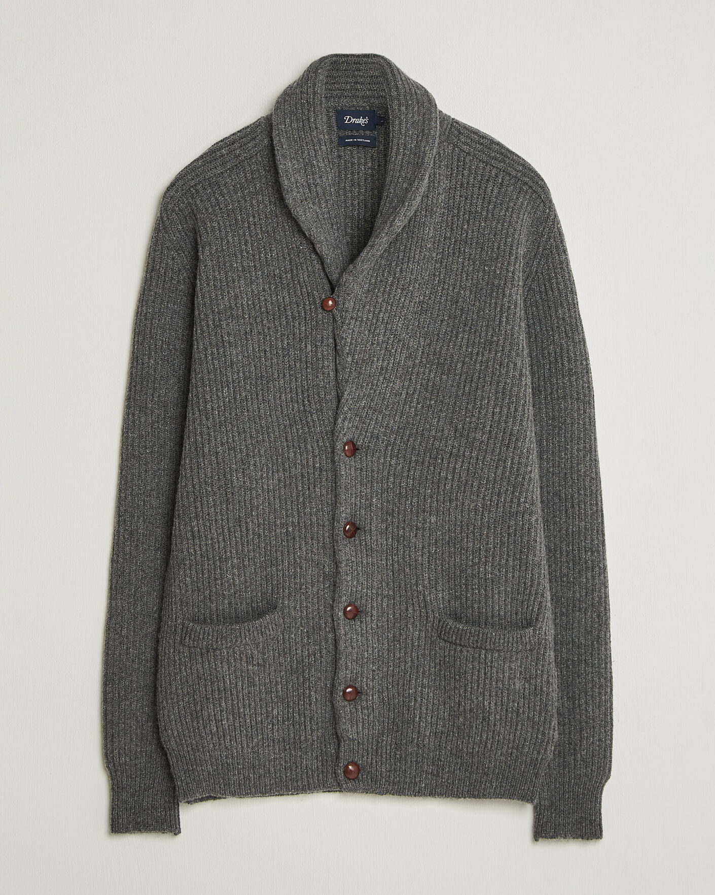 Heren | Truien | Drake's | Lambswool Shawl Collar Rib Cardigan Grey