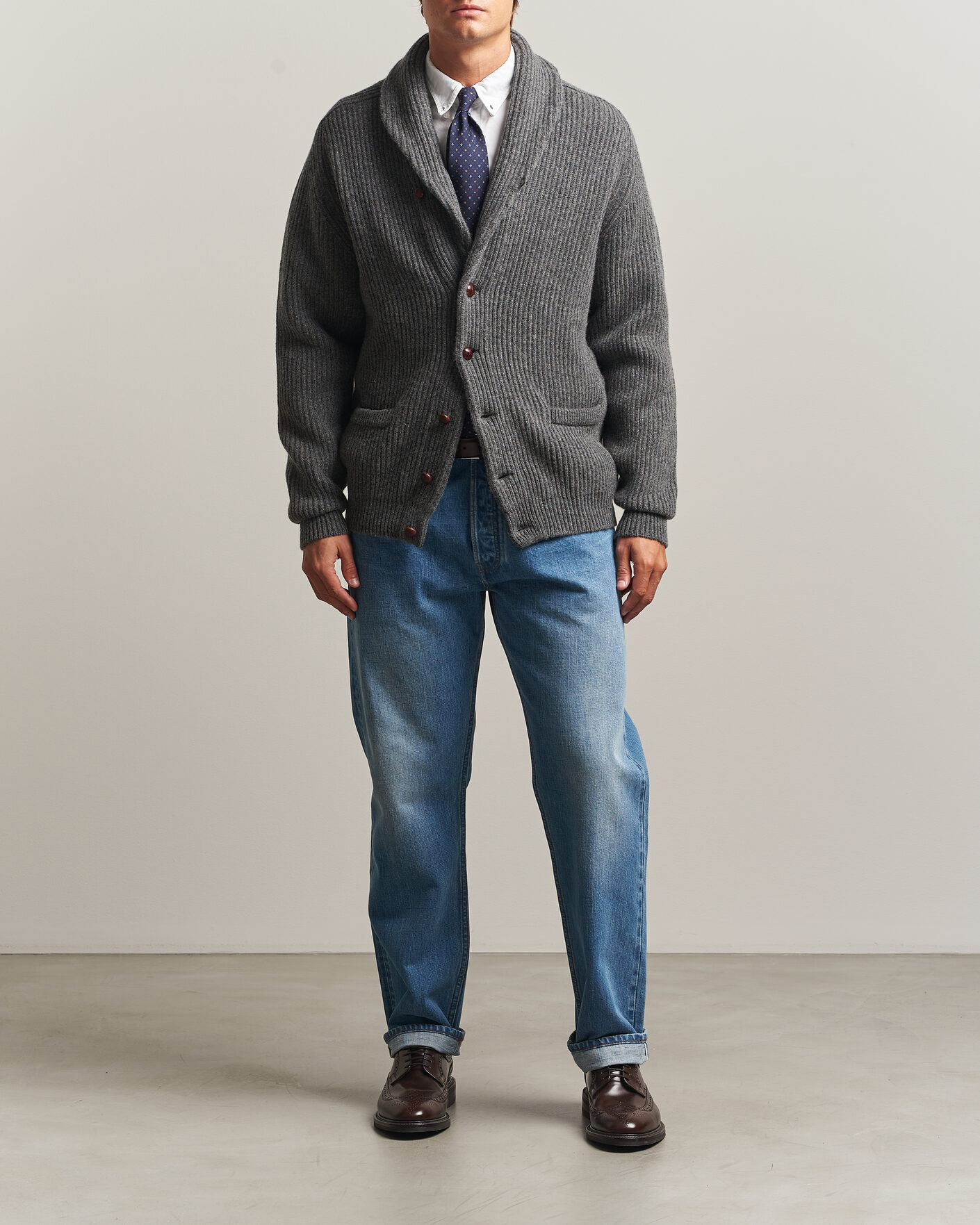 Heren | Truien | Drake's | Lambswool Shawl Collar Rib Cardigan Grey