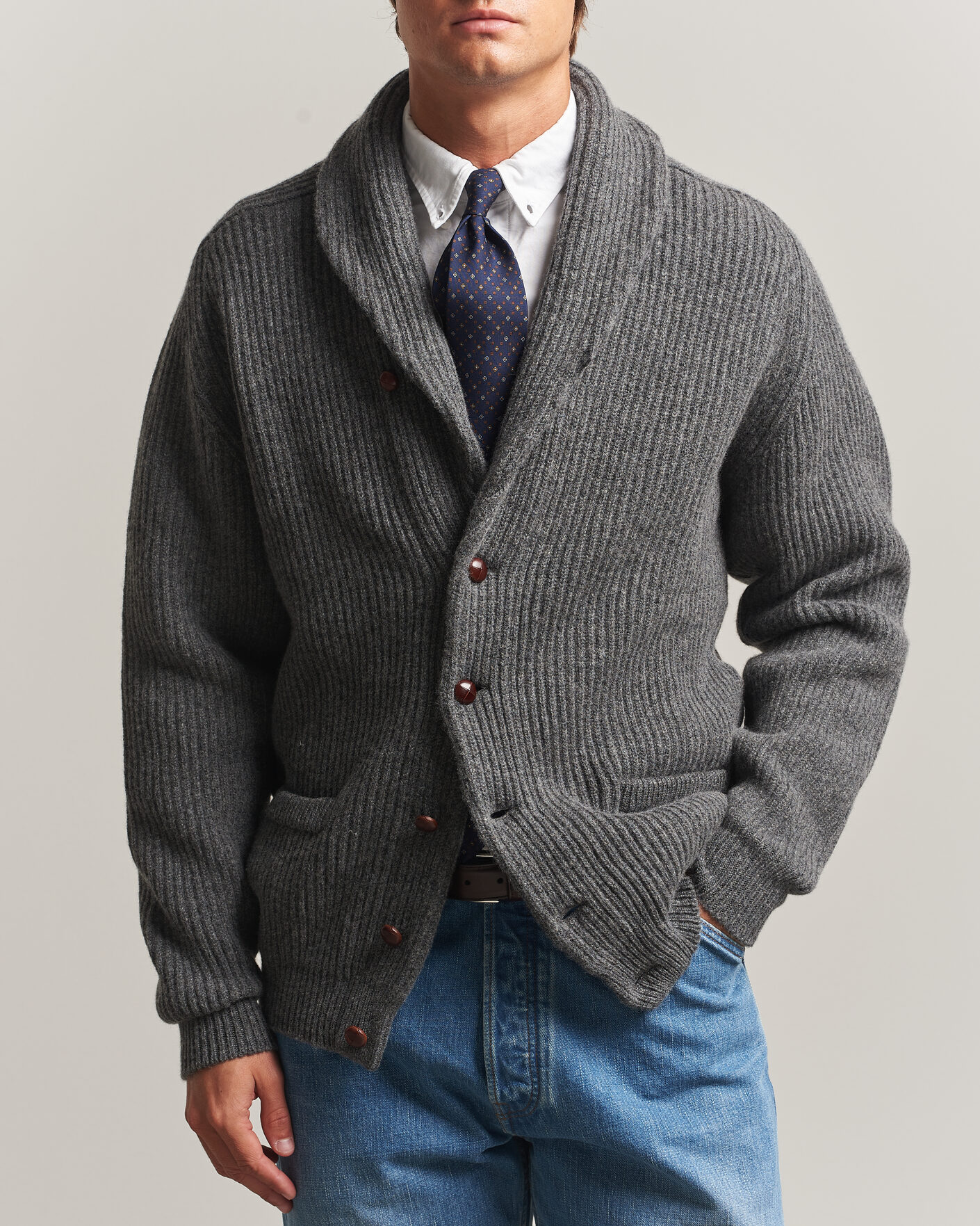 Heren | Truien | Drake's | Lambswool Shawl Collar Rib Cardigan Grey