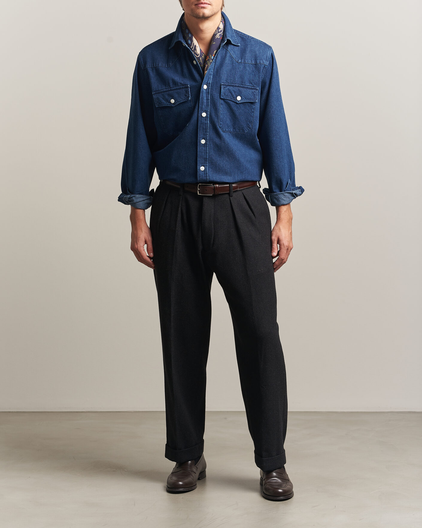 Heren | Overhemden | Drake's | Western Selvedge Denim Shirt Stone Wash Indigo