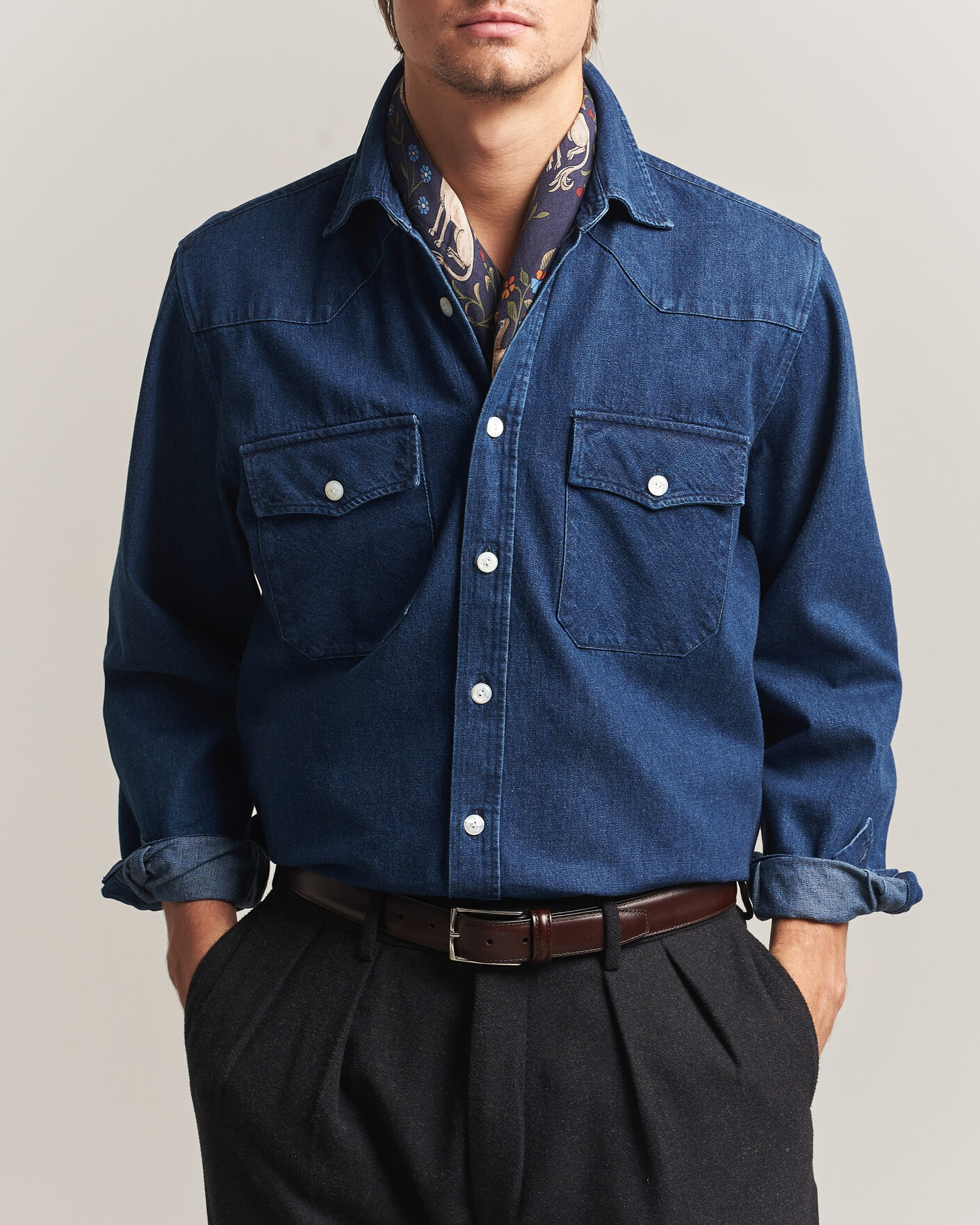 Heren | Overhemden | Drake's | Western Selvedge Denim Shirt Stone Wash Indigo