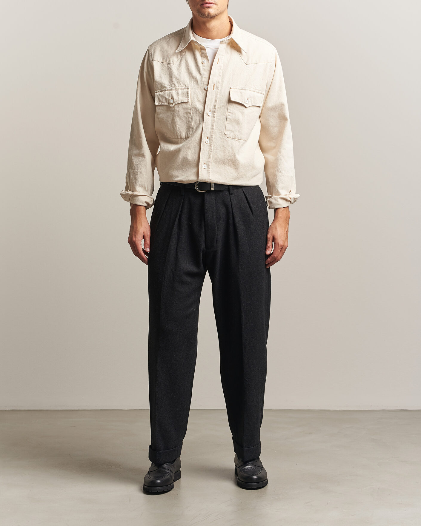 Heren | Overhemden | Drake's | Western Denim Shirt Stone Wash Ecru