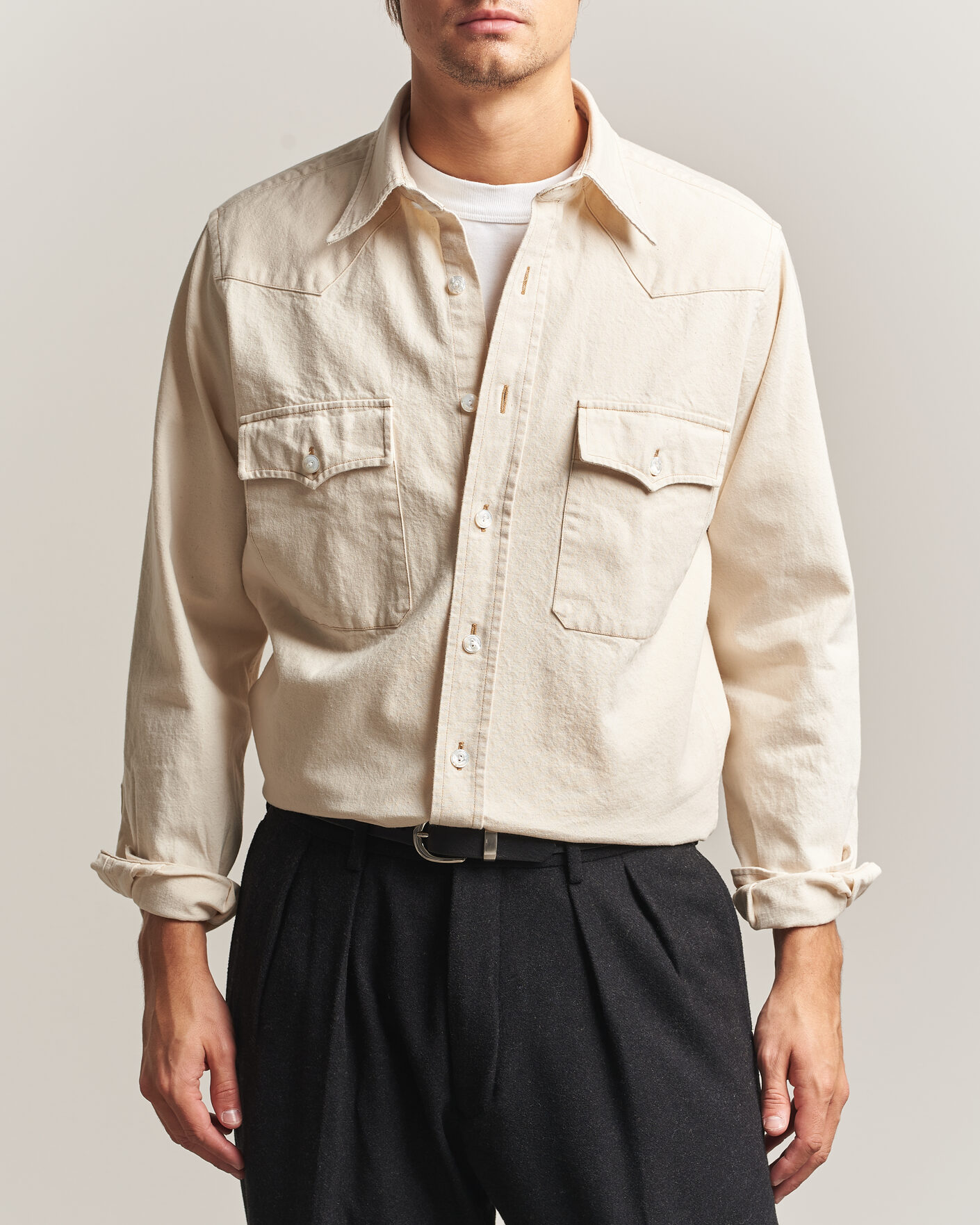 Heren | Overhemden | Drake's | Western Denim Shirt Stone Wash Ecru