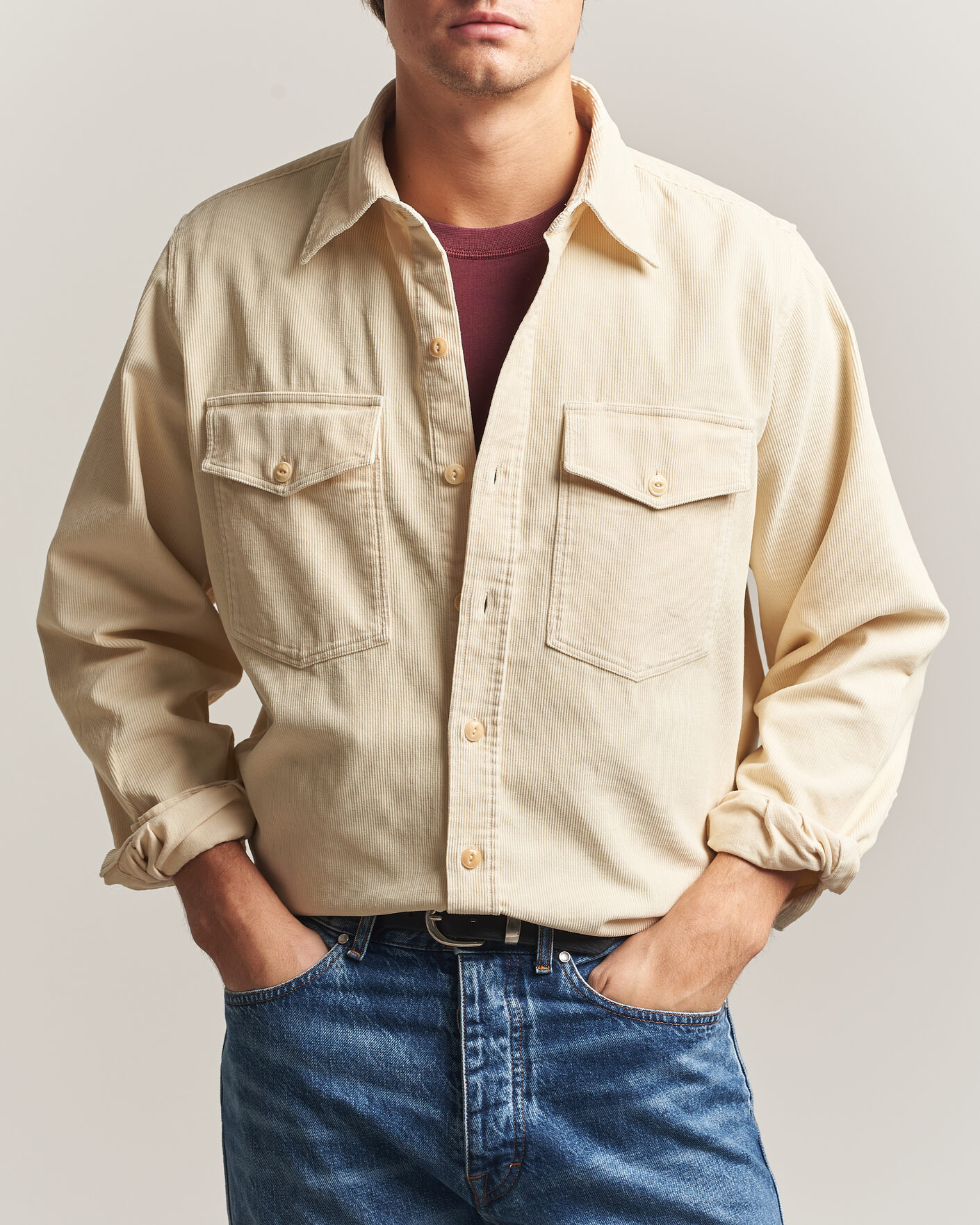 Heren | Overhemden | Drake's | Two Pocket Corduroy Shirt Ecru
