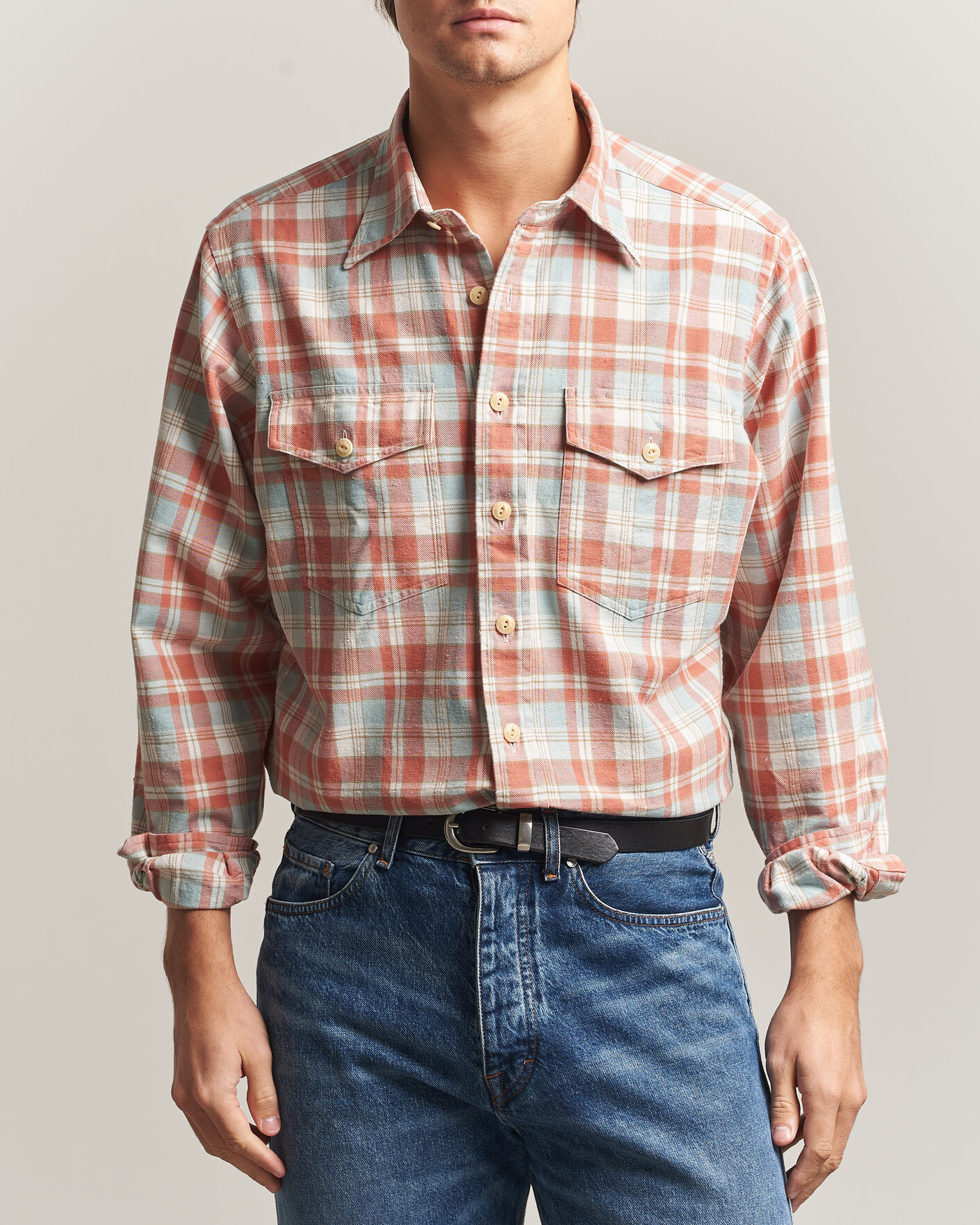 Heren | Overhemden | Drake's | Two Pocket Check Shirt Pink/Blue