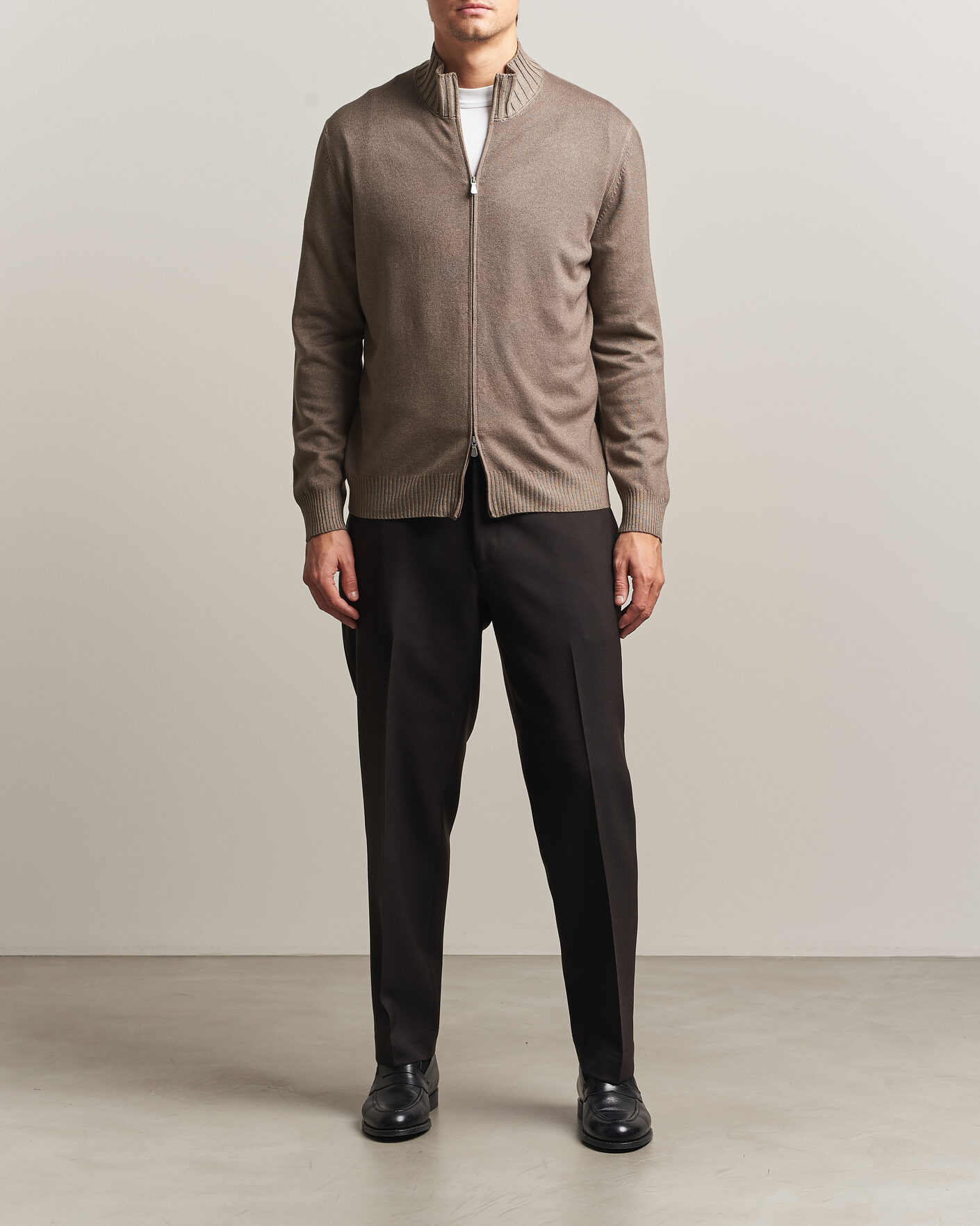 Heren | Truien | Gran Sasso | Wool/Cashmere Washed Full Zip Brown Melange