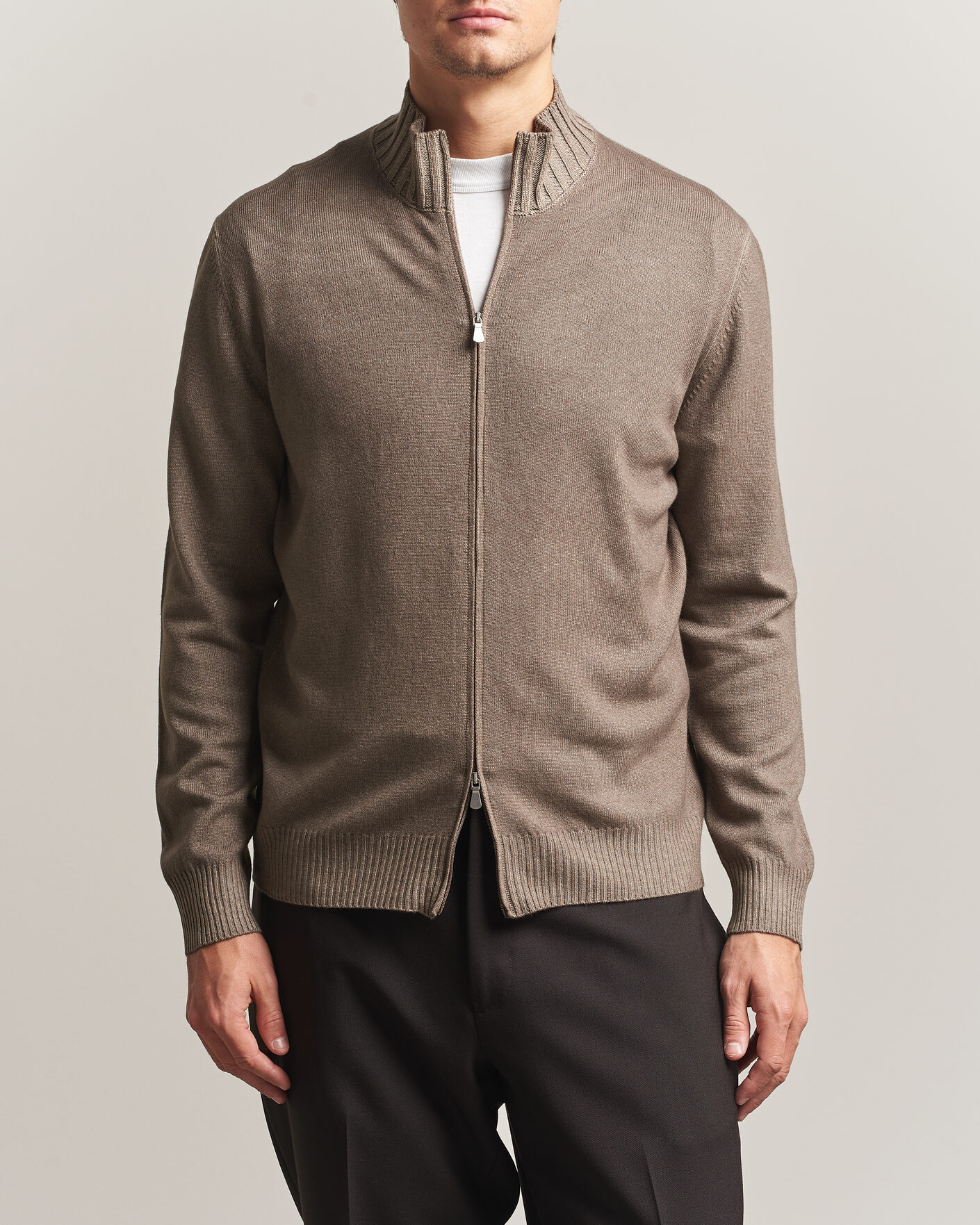 Heren | Truien | Gran Sasso | Wool/Cashmere Washed Full Zip Brown Melange