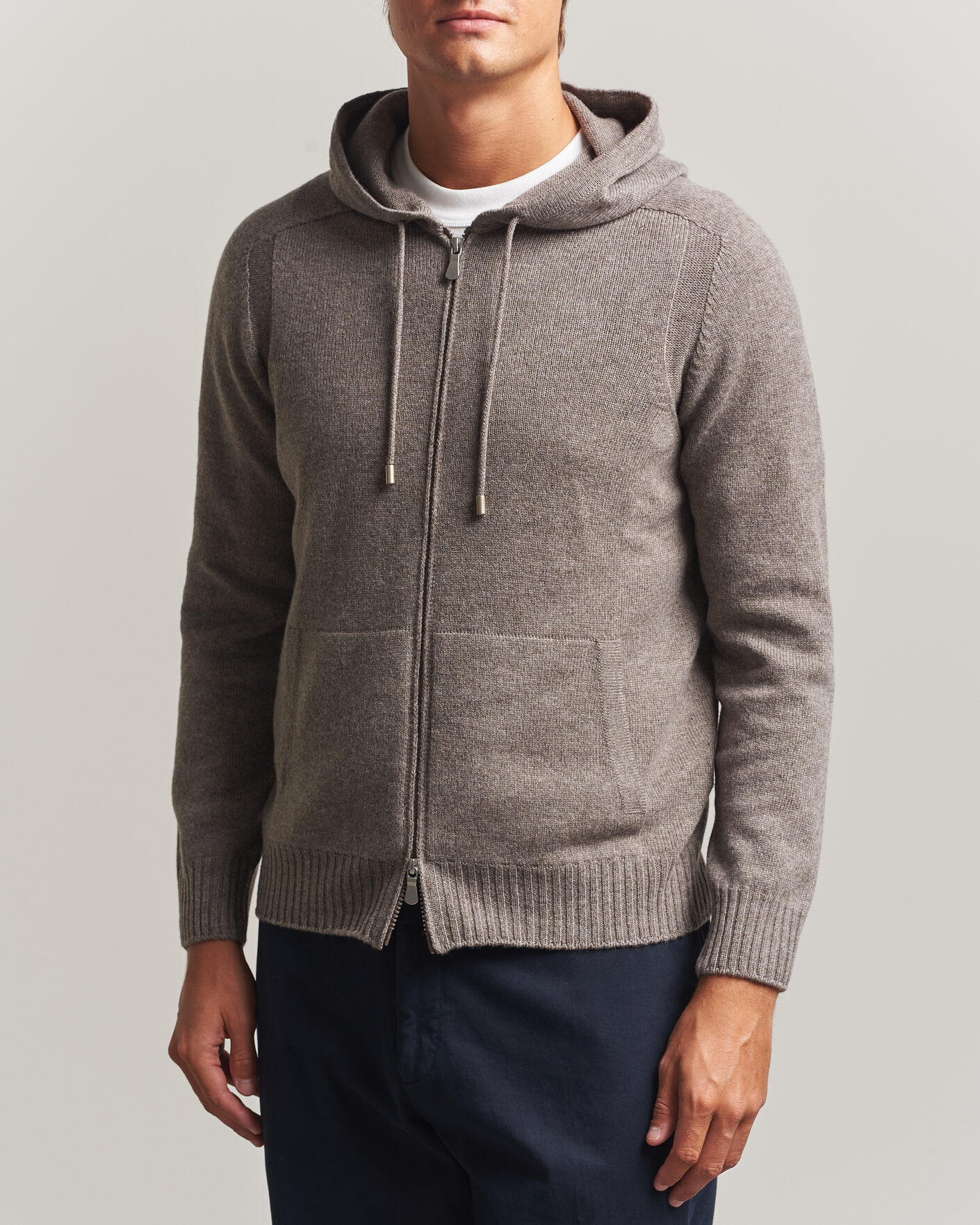Heren | Truien | Gran Sasso | Full Zip Wool Hoodie Taupe Melange