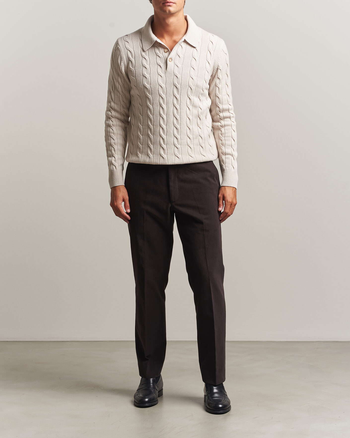 Heren | Truien | Gran Sasso | Wool/Cashmere Cable Polo Beige Melange