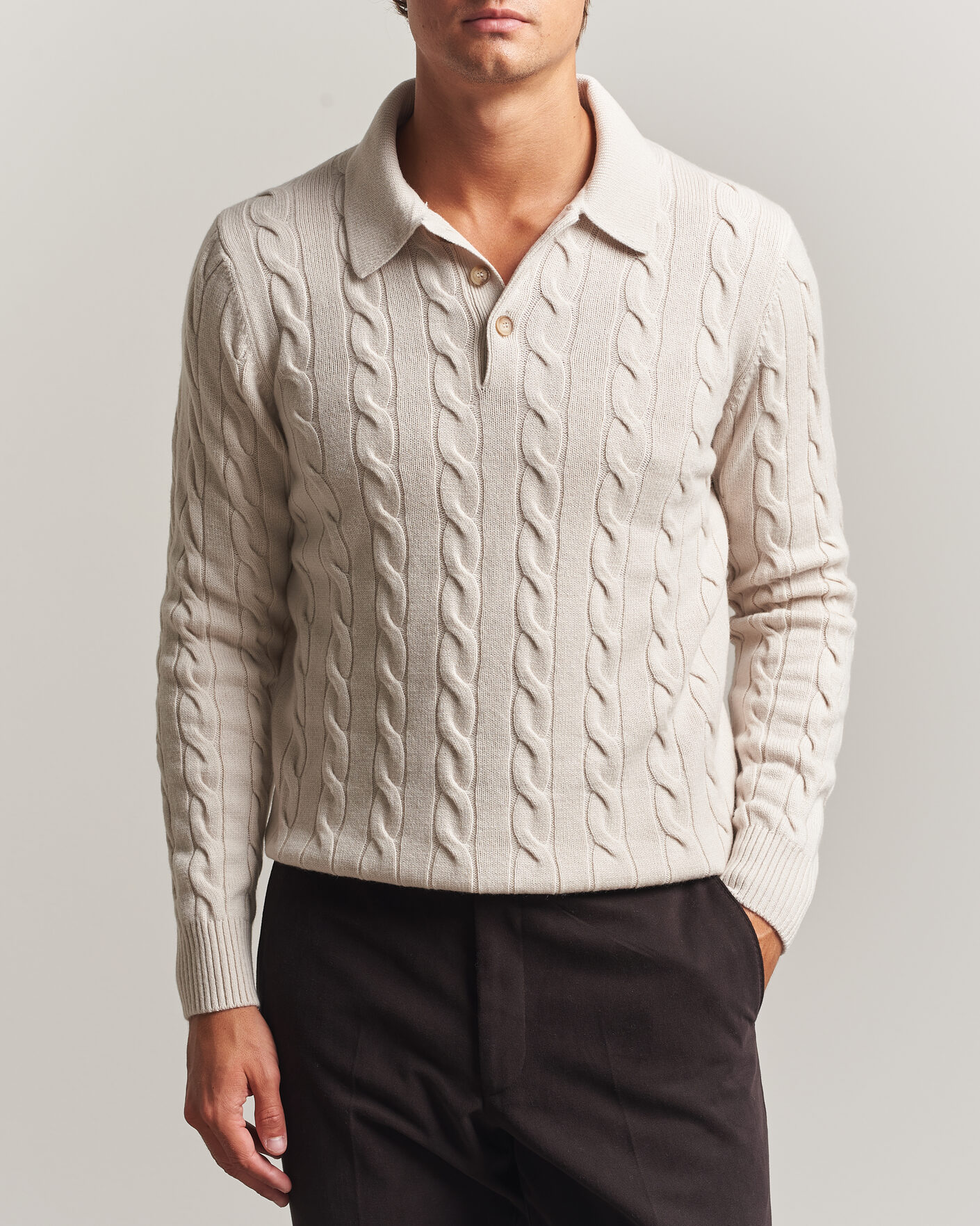 Heren | Truien | Gran Sasso | Wool/Cashmere Cable Polo Beige Melange